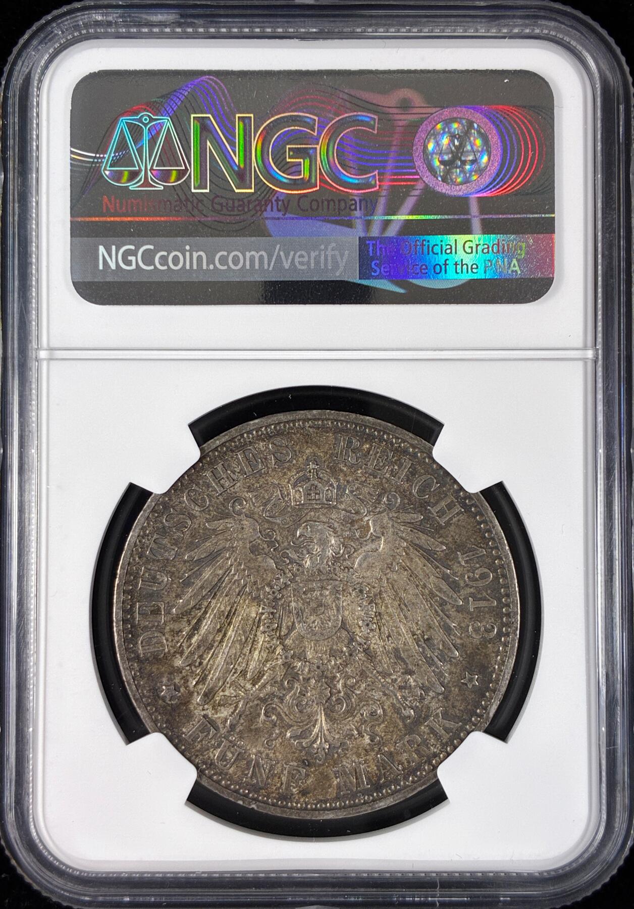 【雨安】【直播拍卖】【世界币章121期-评级币】2025-12-20 周六 19:30 保真 [评级德国] Germany 德国 帝国 符腾堡 5马克 威廉二世 1913年  NGC-AU55