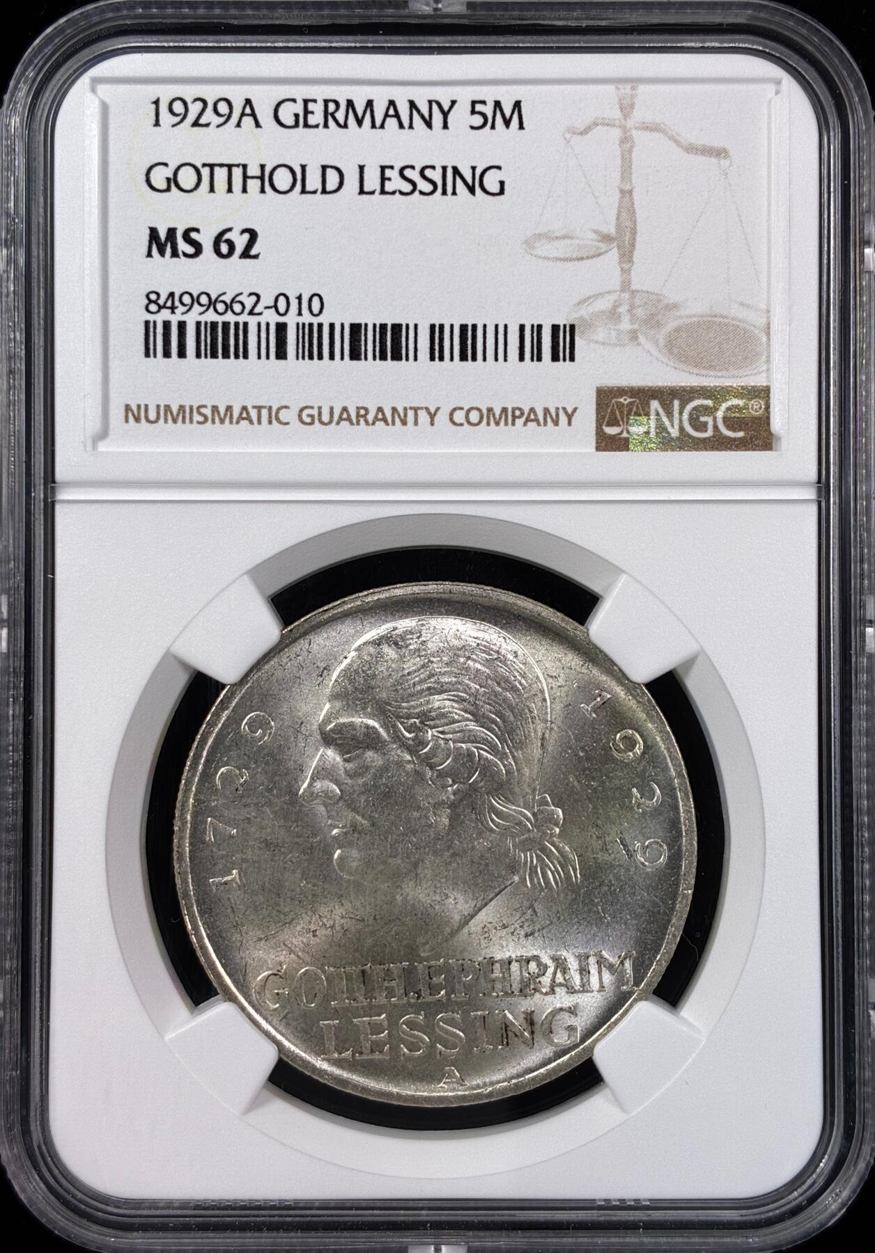 【雨安】【直播拍卖】【世界币章121期-评级币】2025-12-20 周六 19:30 保真 [评级德国] Germany 德国 魏玛 5马克 KM#61 莱辛 1929年  NGC-MS62