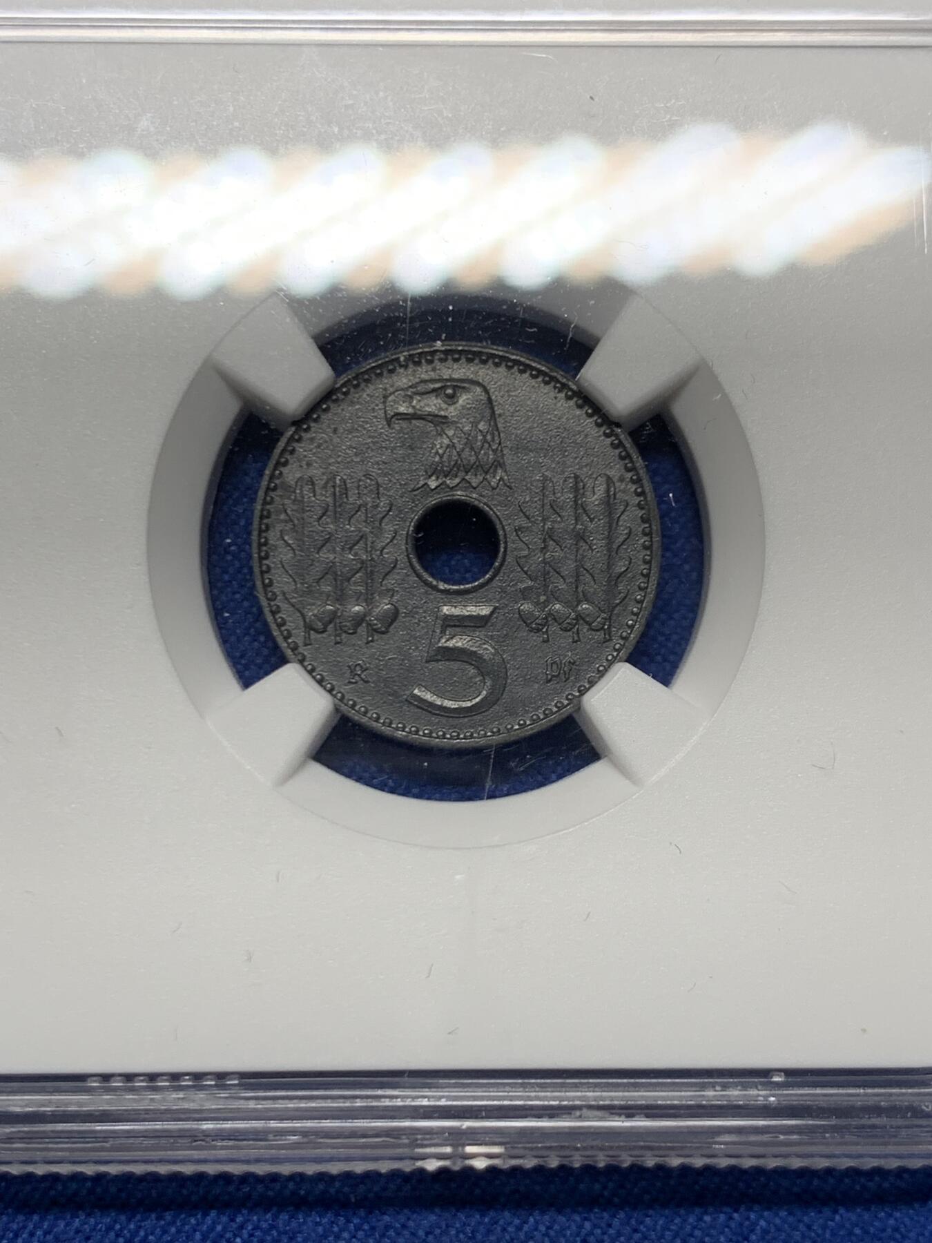 《竞宝斋》第447场 周日，周一，2场连拍 （全场包邮） NGC MS62 德国 1940A 占领区 5芬尼 锌币 金属光泽圆润，品相不输63，锌币极难保存，MS少之又少！