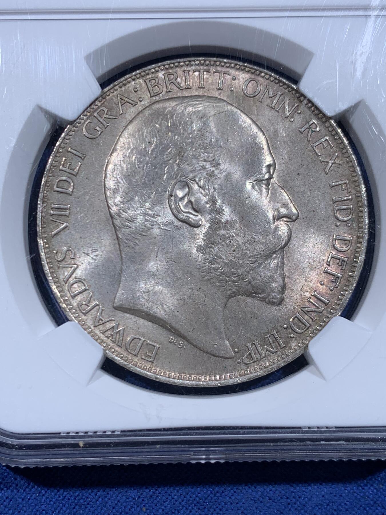 《竞宝斋》第447场 周日，周一，2场连拍 （全场包邮） NGC MS63+ 英国 1902年 爱德华七世 克朗 马剑银币 双面老包浆 打制深俊