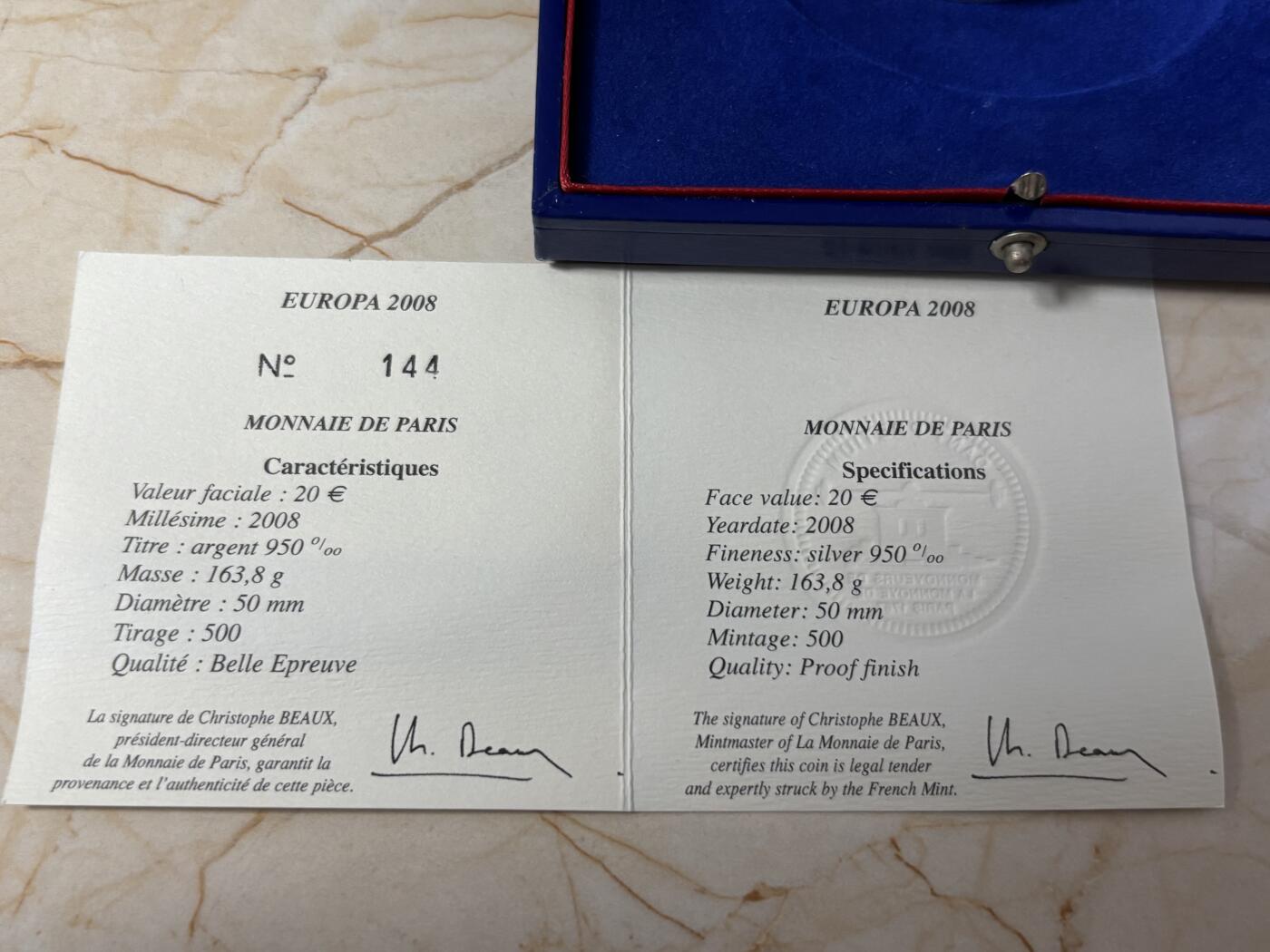 第186期拍卖 法国2008年欧盟轮值主席国5盎司加厚精制纪念银币，950银，发行500枚，没有塑料盒，有瑕疵