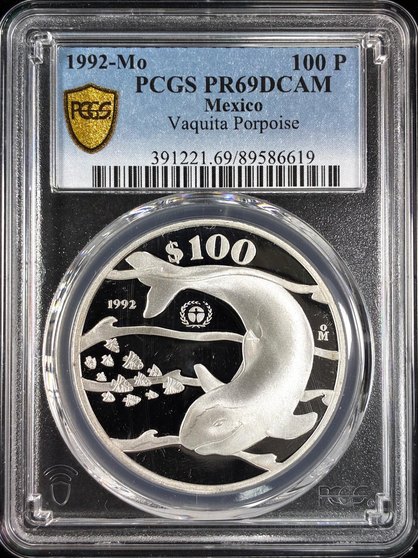 【雨安】【直播拍卖】【世界币章121期-评级币】2025-12-20 周六 19:30 保真 [评级现代] Mexico 墨西哥 100比索 1992年 加湾鼠海豚 PCGS-PR69DCAM 精制