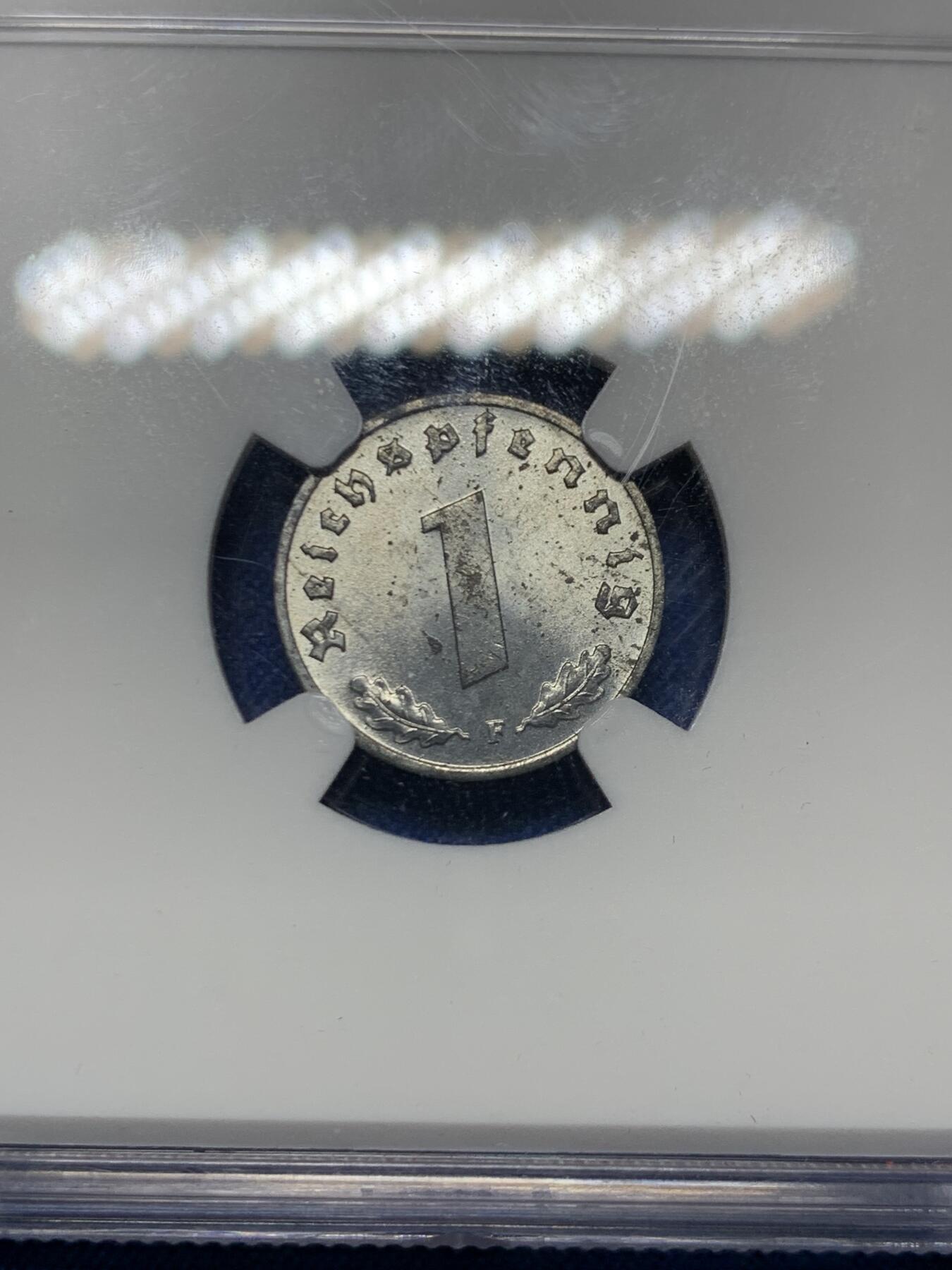 《竞宝斋》第447场 周日，周一，2场连拍 （全场包邮） NGC MS64 德国 1943F 1芬妮 经典小锌币 保存到如此品相不容易 值得入手