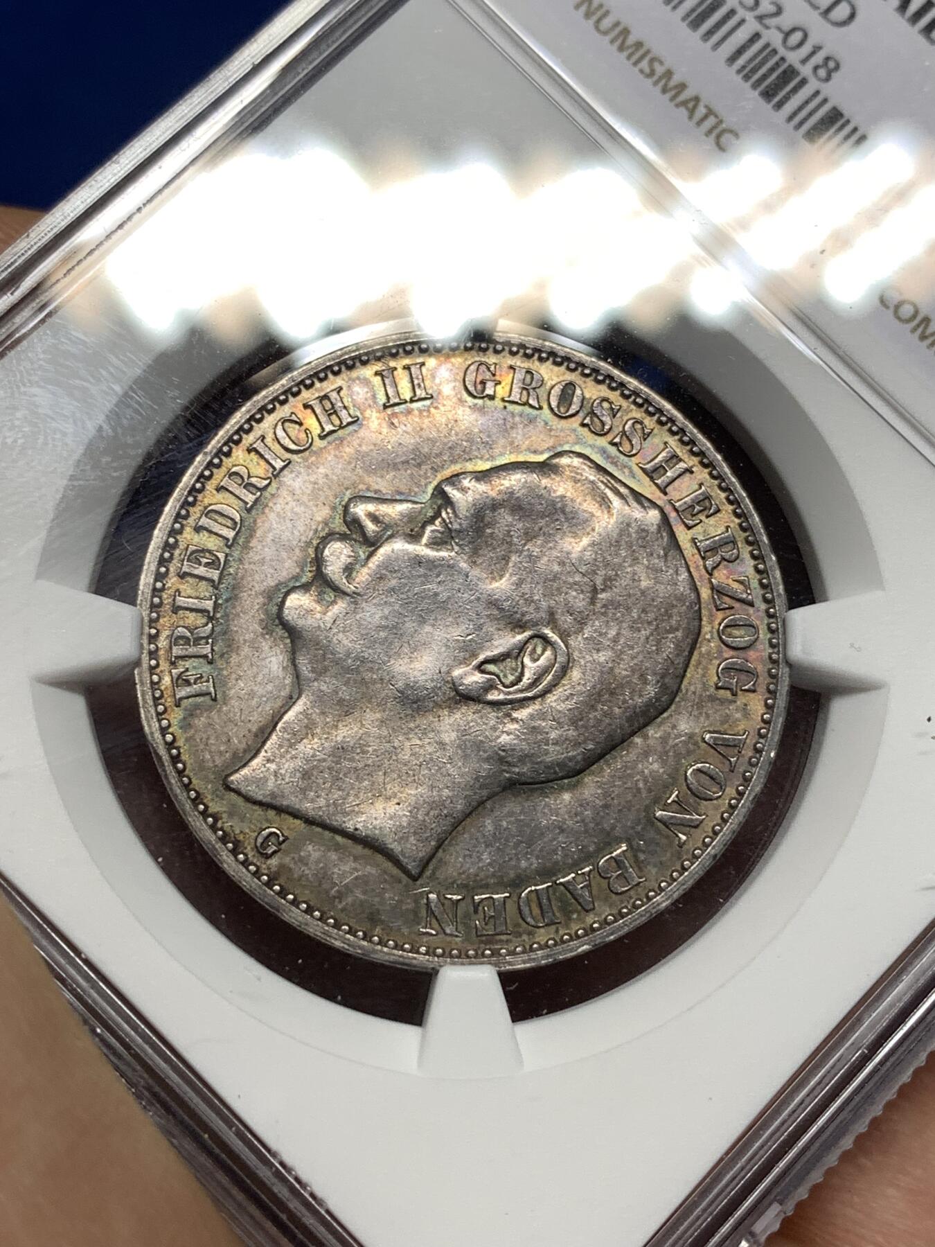 《竞宝斋》第447场 周日，周一，2场连拍 （全场包邮） NGC UNCD 德国1912G巴登弗里德里希二世3马克银币，包浆带彩，少见。