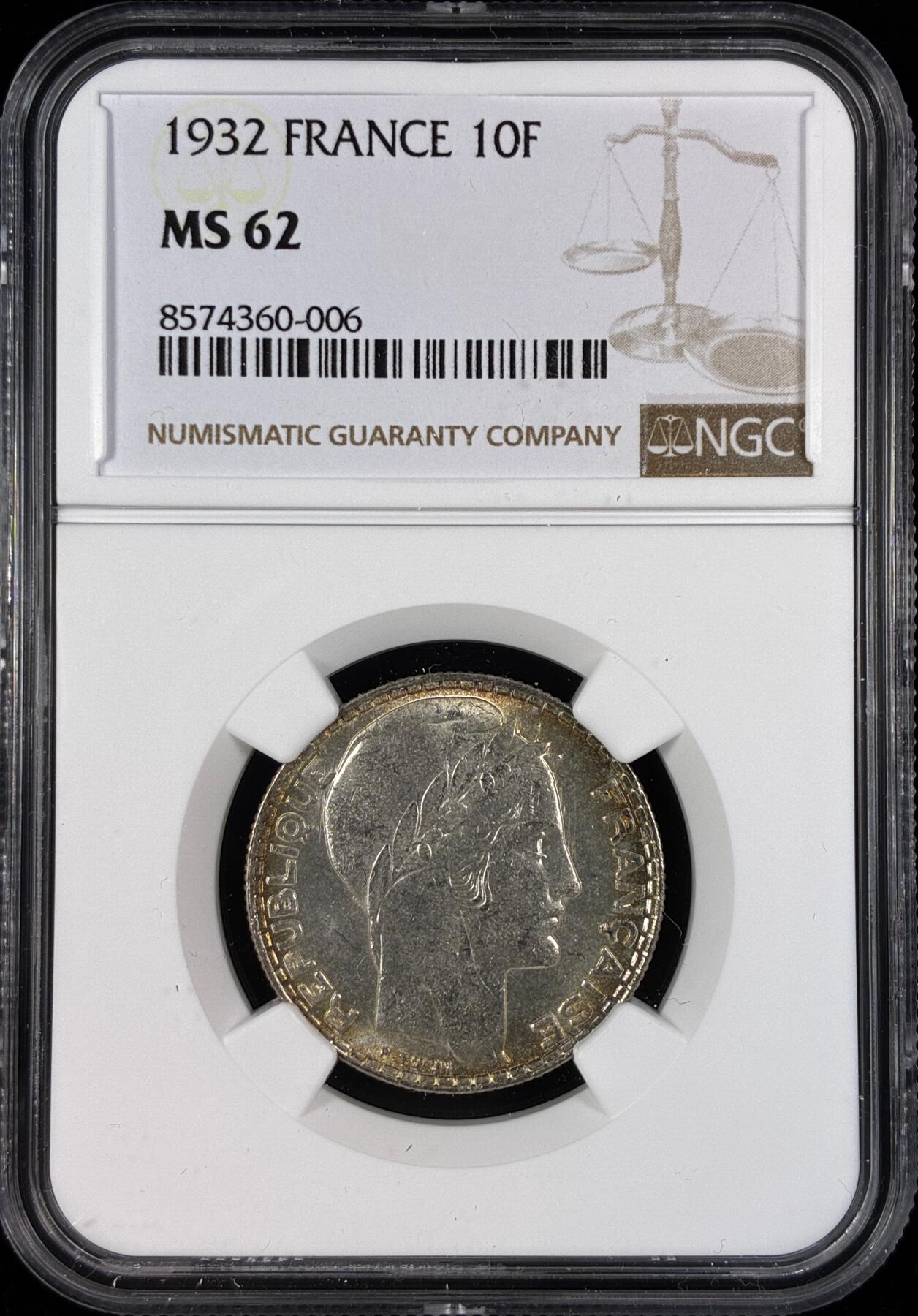 【雨安】【直播拍卖】【世界币章121期-评级币】2025-12-20 周六 19:30 保真 [评级法国] France 法国 10法郎 KM#0878 桂冠女神  [10.00 g.,  0.680 Silver] 1932年  NGC-MS62