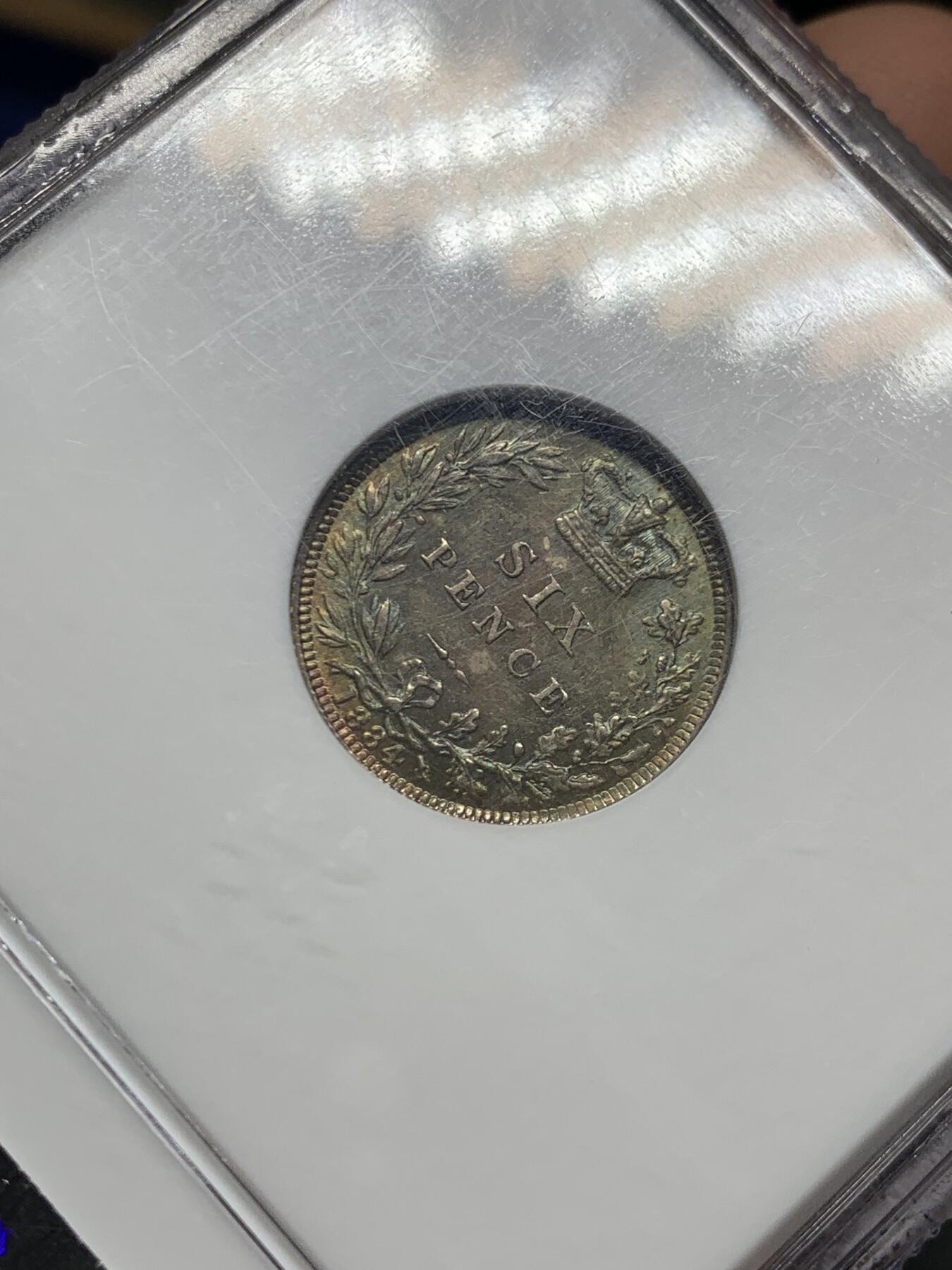 《竞宝斋》第447场 周日，周一，2场连拍 （全场包邮） NGC MS64 英国1884年维多利亚6便士银币，老白盒品质好，原味英伦包浆。