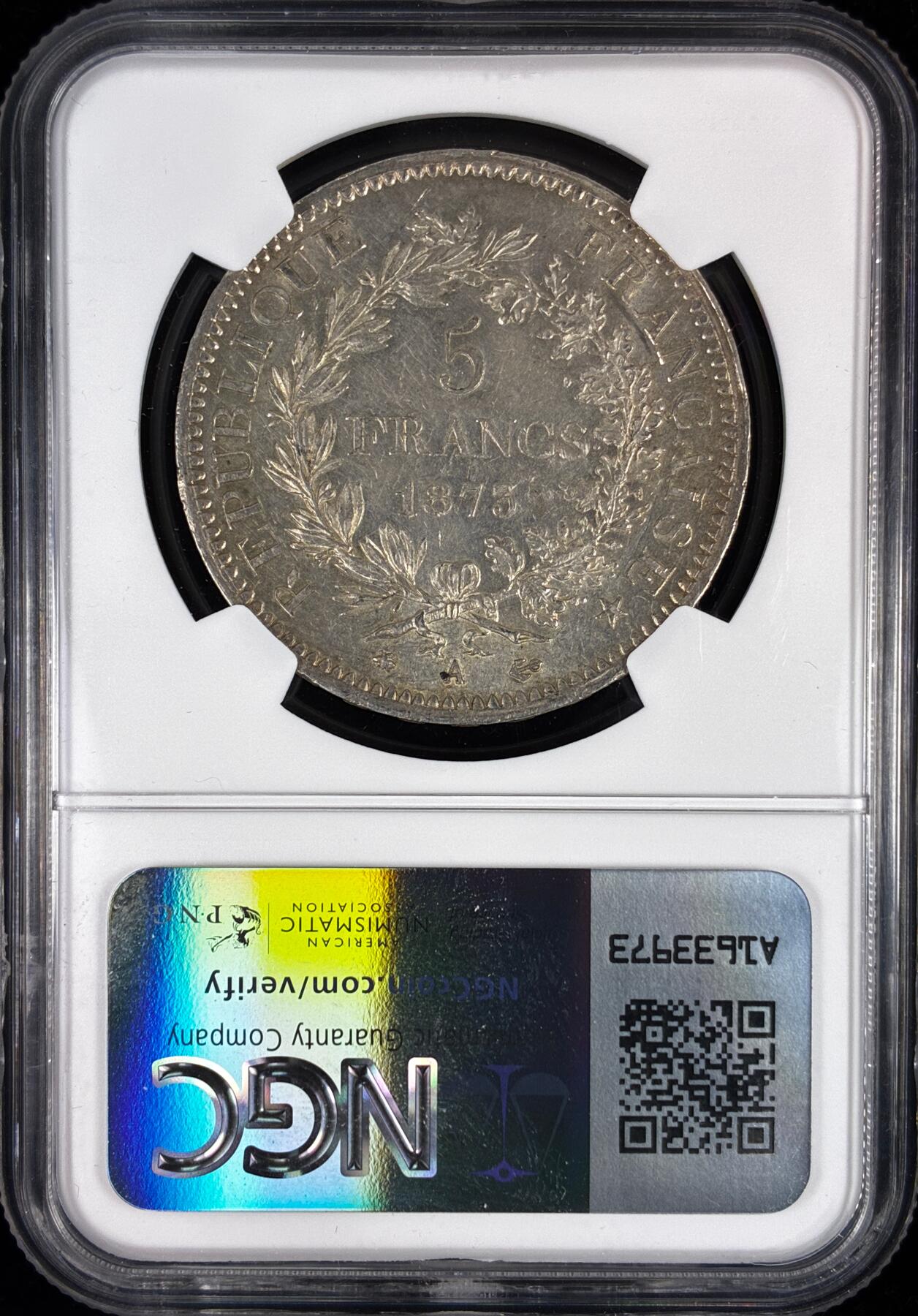 【雨安】【直播拍卖】【世界币章121期-评级币】2025-12-20 周六 19:30 保真 [评级法国] France 法国 5法郎 KM#0820 (1870-1889) 大力神 1873年  NGC-UNC