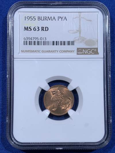 《竞宝斋》第447场 周日，周一，2场连拍 （全场包邮） - NGC MS63RD 缅甸1955年麒麟1皮铜币 原铜光RD少见