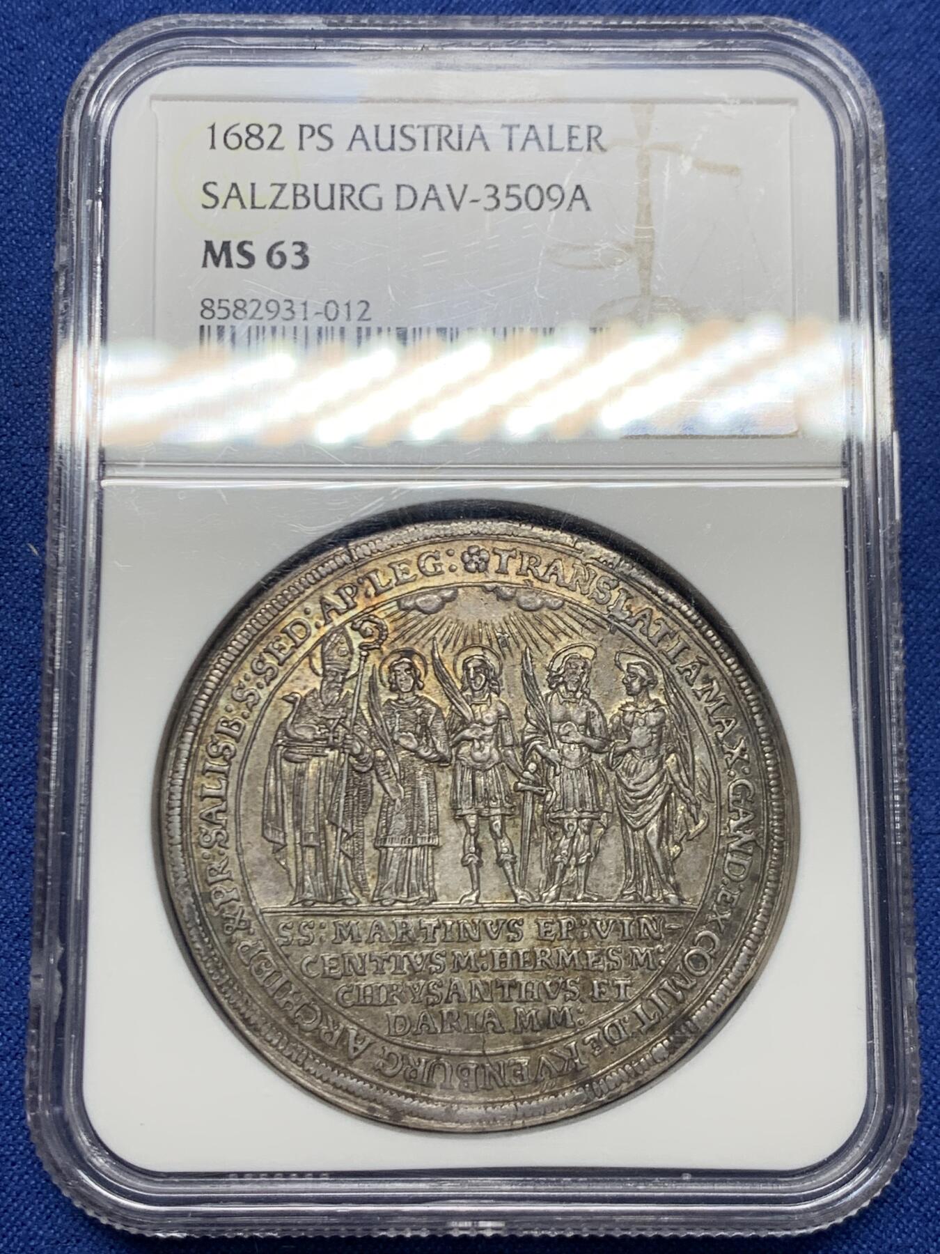 《竞宝斋》第447场 周日，周一，2场连拍 （全场包邮） NGC MS63 奥地利萨尔茨堡 1682年 主教区建立1100年泰勒大银币 光度极好 细节精美 稀少品种 包浆自然 老币最合适的状态