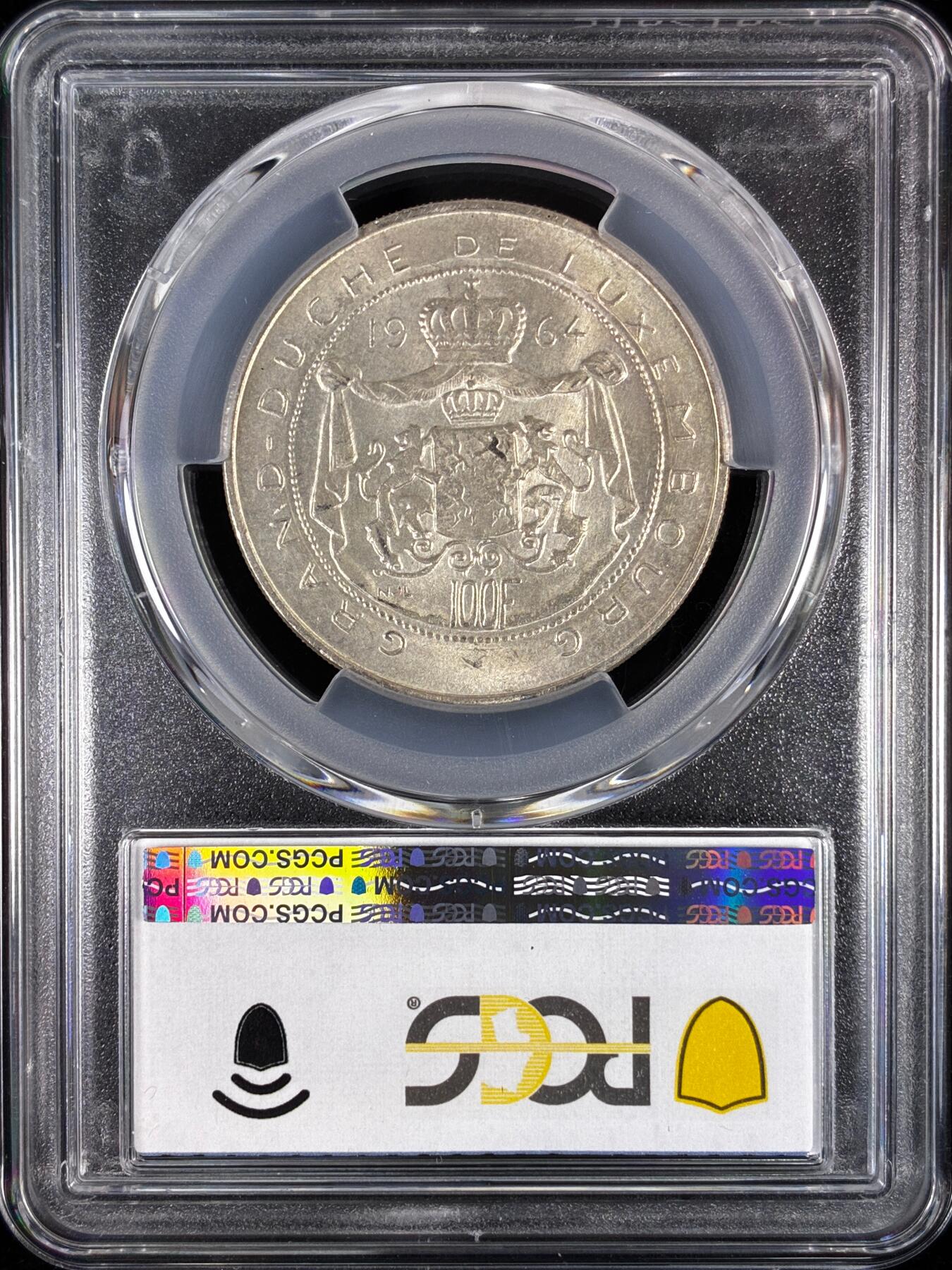 【雨安】【直播拍卖】【世界币章121期-评级币】2025-12-20 周六 19:30 保真 [评级欧洲] Luxembourg 卢森堡 100法郎 1964年  PCGS-MS66