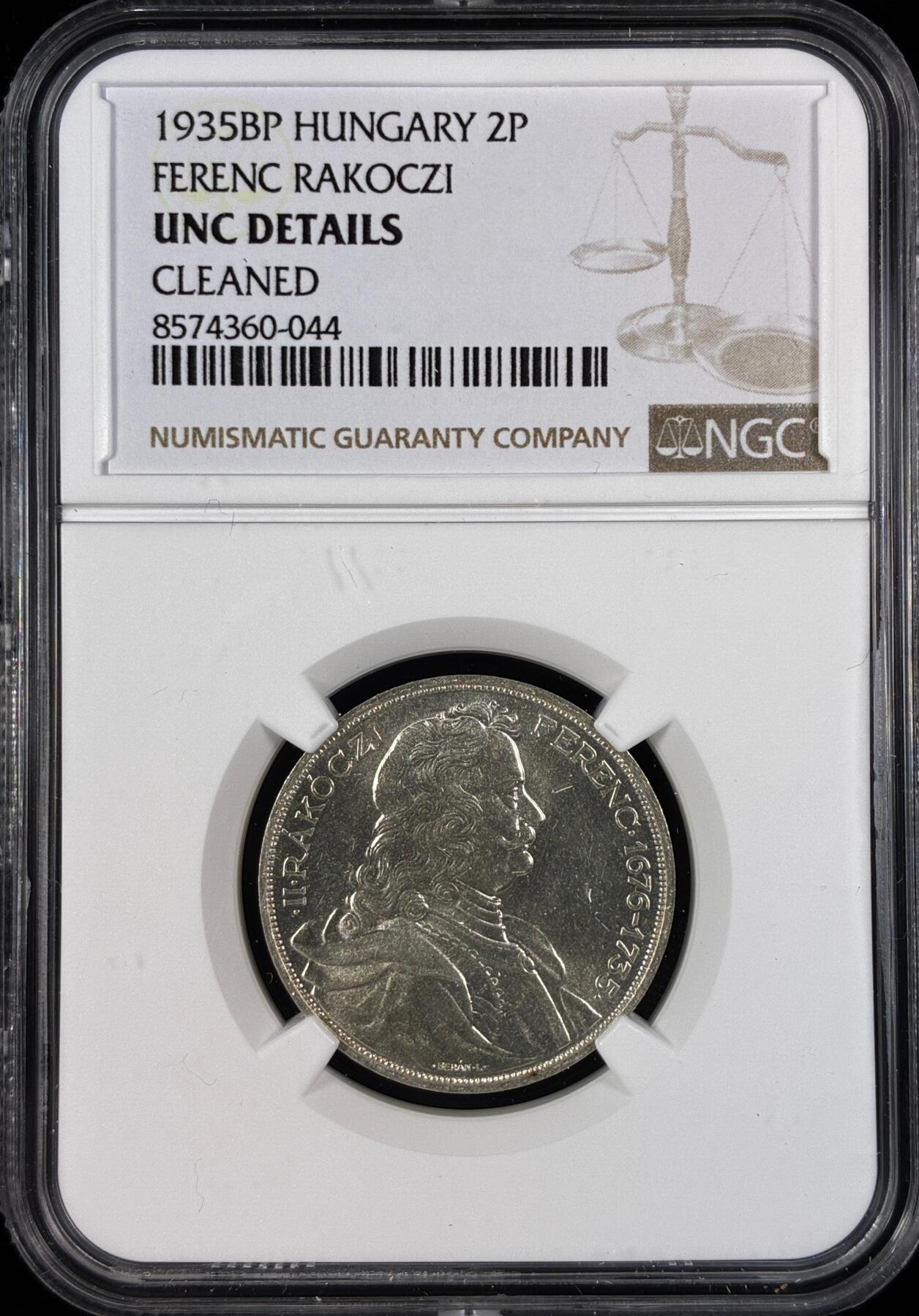 【雨安】【直播拍卖】【世界币章121期-评级币】2025-12-20 周六 19:30 保真 [评级欧洲] Hungary 匈牙利 2潘果 1935年 名族英雄费伦茨·拉科齐二世  NGC-UNC