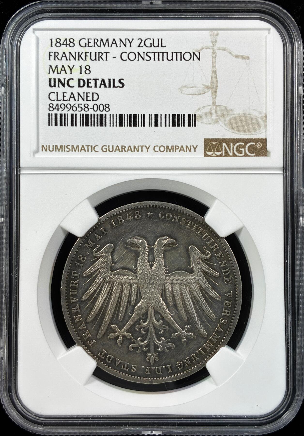 【雨安】【直播拍卖】【世界币章121期-评级币】2025-12-20 周六 19:30 保真 [评级德国] Germany 德国 德意志 2盾 Frankfurt法兰克福 Thun.135 KM#0338 (1848) 奥地利大公 1848年  NGC-UNC