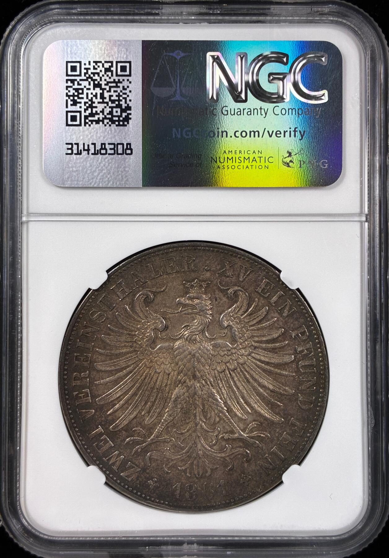 【雨安】【直播拍卖】【世界币章121期-评级币】2025-12-20 周六 19:30 保真 [评级德国] Germany 德国 德意志 2泰勒 Frankfurt法兰克福 Thun.145 KM#0365 (1860-1866) 法兰克福少女 1861年  NGC-AU 酱彩包浆