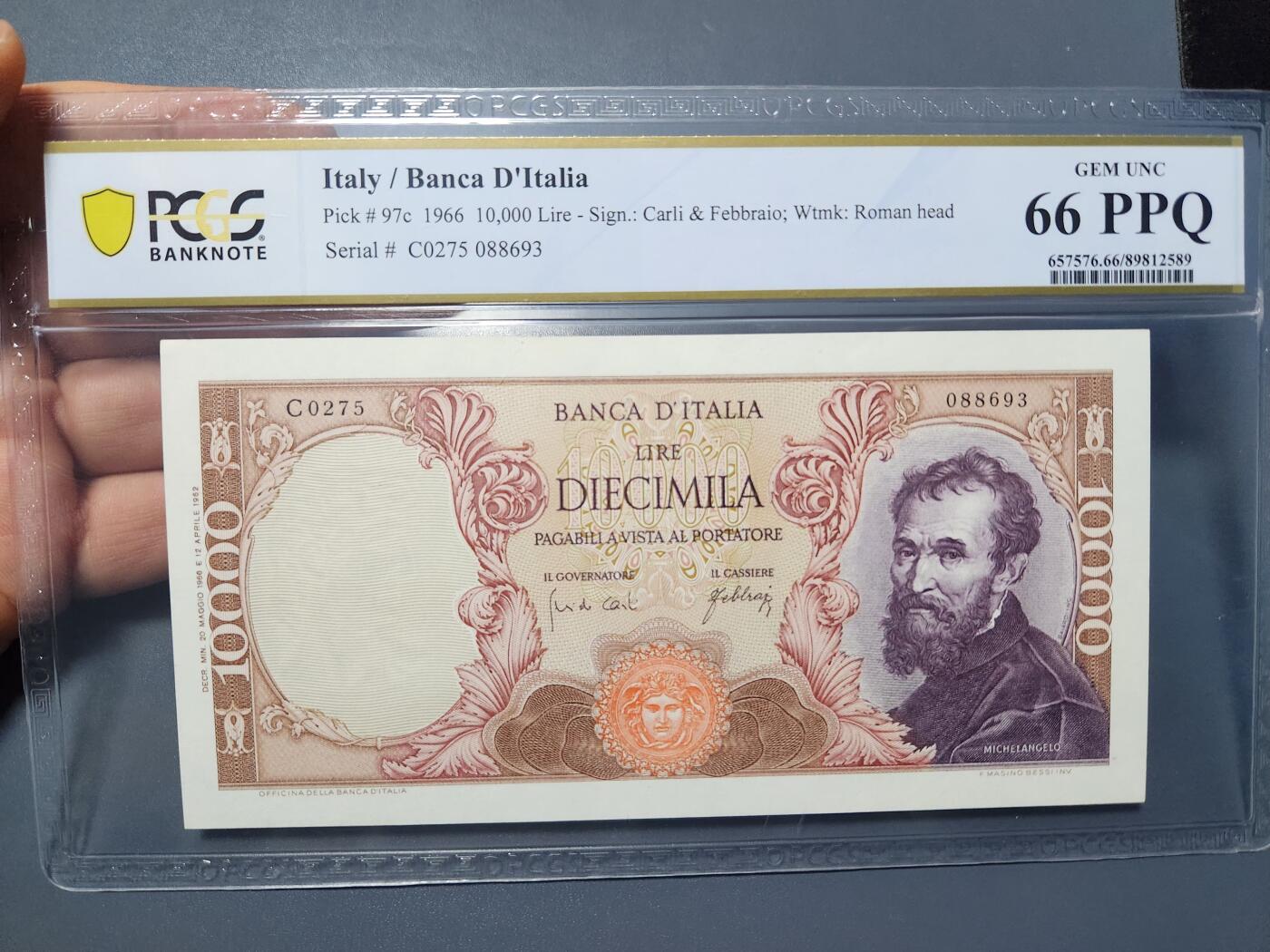 12月13号晚上8点 外国纸币自动截拍第72场 意大利10000里拉 PCGS66PPQ