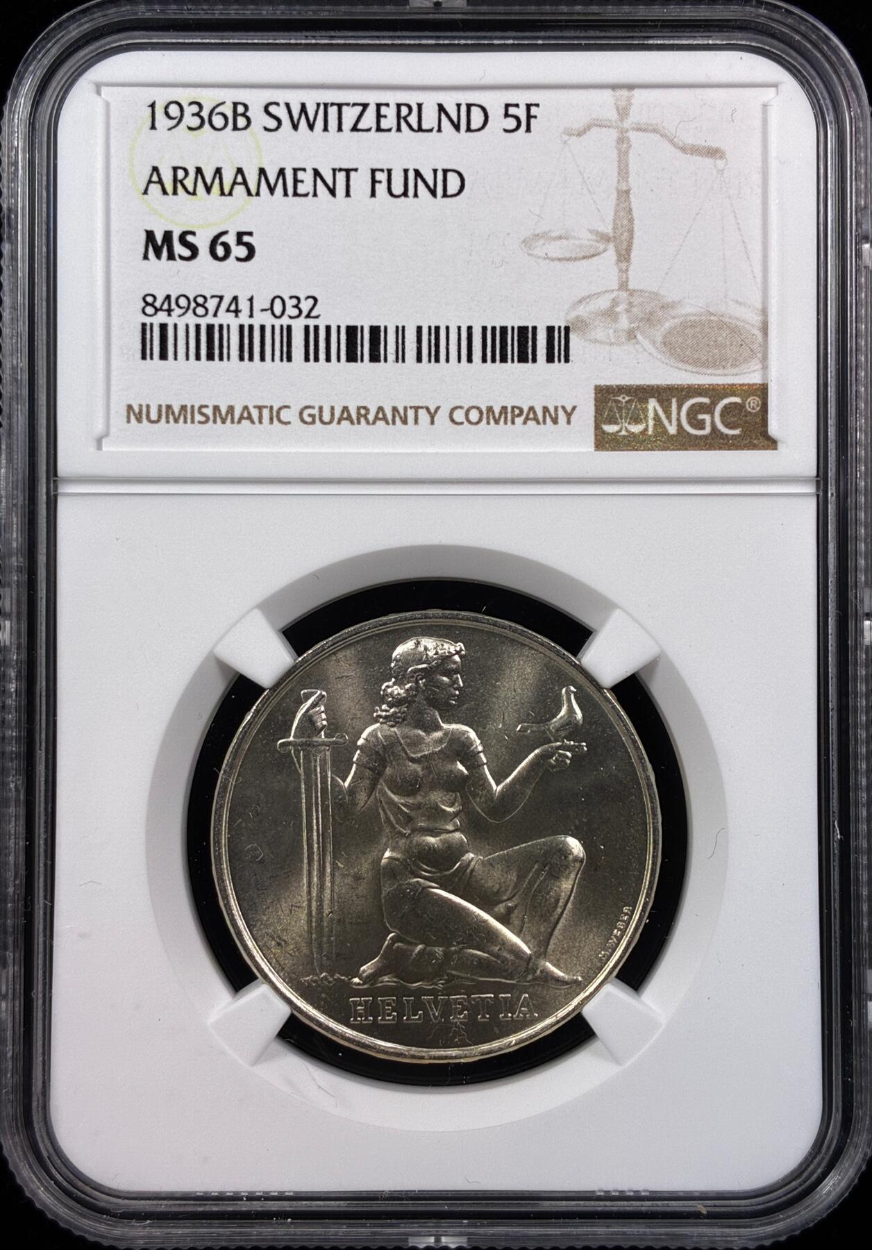 【雨安】【直播拍卖】【世界币章121期-评级币】2025-12-20 周六 19:30 保真 [评级欧洲] Switzerland 瑞士 5法郎 1936年 军备基金 KM# 41  NGC-MS65