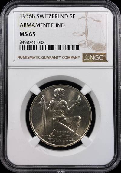 【雨安】【直播拍卖】【世界币章121期-评级币】2025-12-20 周六 19:30 保真 - [评级欧洲] Switzerland 瑞士 5法郎 1936年 军备基金 KM# 41  NGC-MS65