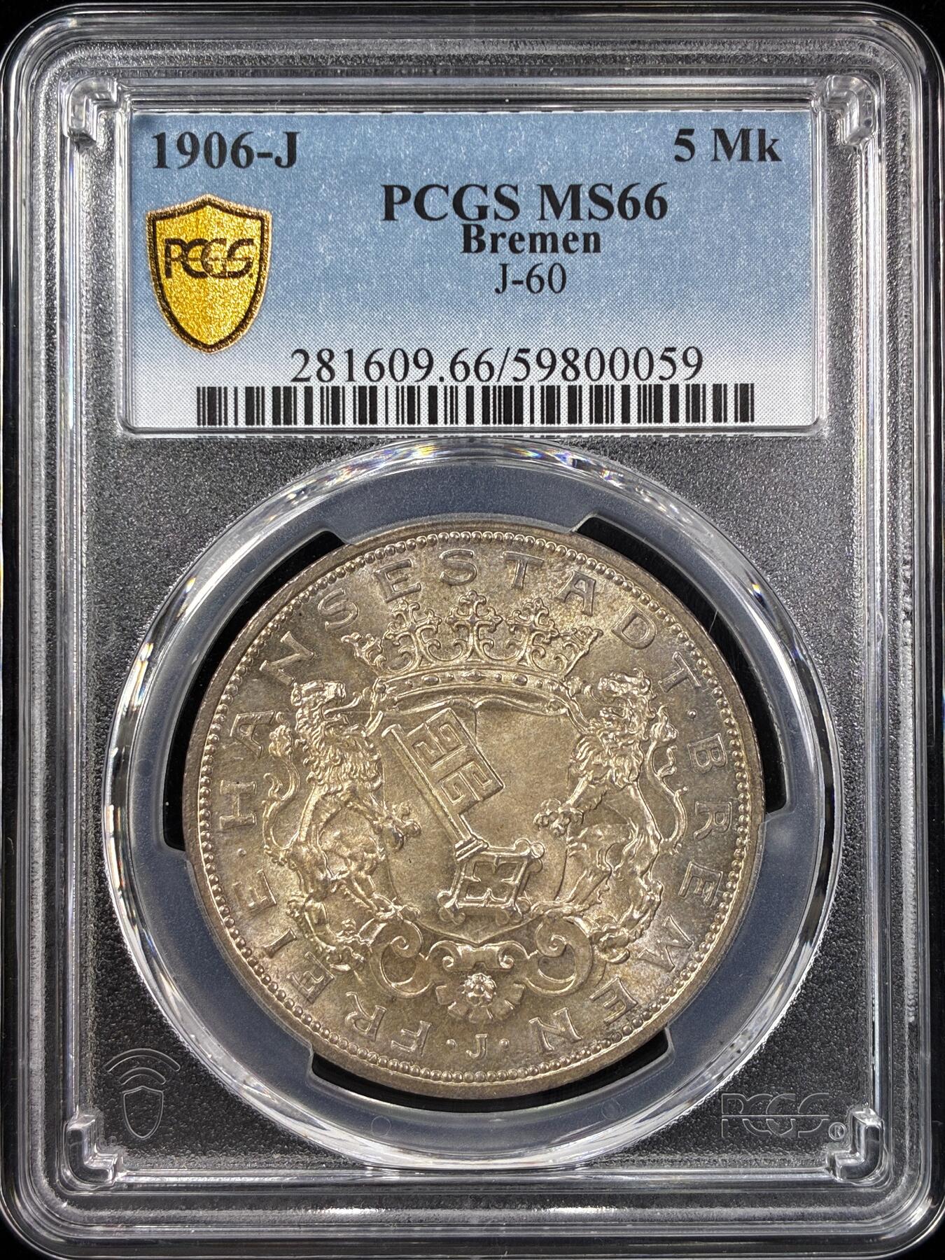 【雨安】【直播拍卖】【世界币章121期-评级币】2025-12-20 周六 19:30 保真 [评级德国] Germany 德国 帝国 J.060 不莱梅 5马克 (1906) 1906年  PCGS-MS66 顶级车轮光