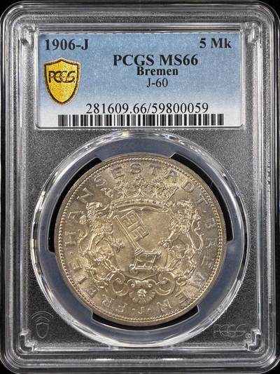 【雨安】【直播拍卖】【世界币章121期-评级币】2025-12-20 周六 19:30 保真 - [评级德国] Germany 德国 帝国 J.060 不莱梅 5马克 (1906) 1906年  PCGS-MS66 顶级车轮光