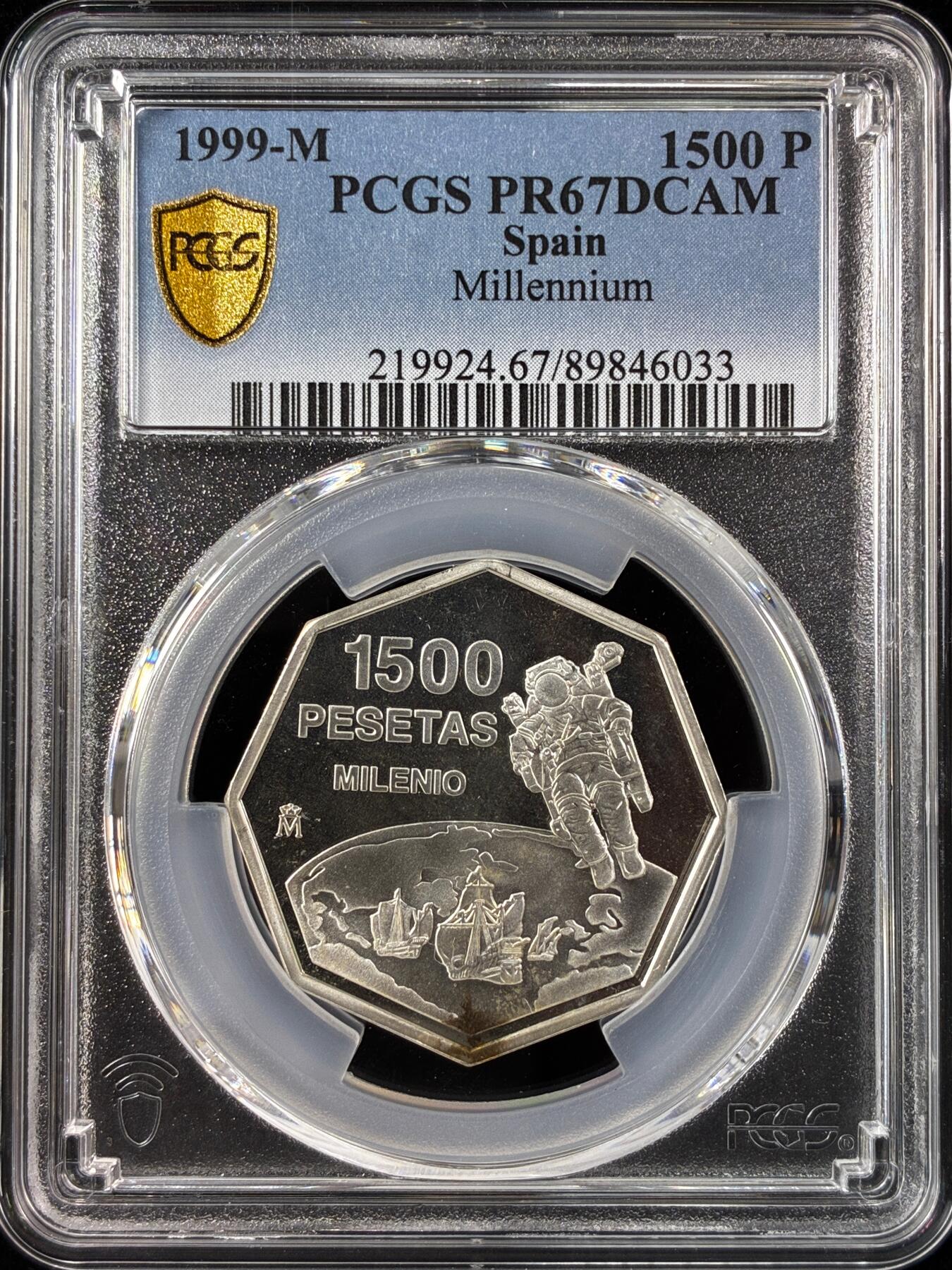 【雨安】【直播拍卖】【世界币章121期-评级币】2025-12-20 周六 19:30 保真 [评级现代] Spain 西班牙 1500比塞塔 1999年 千禧年 PCGS-PR67DCAM 精制