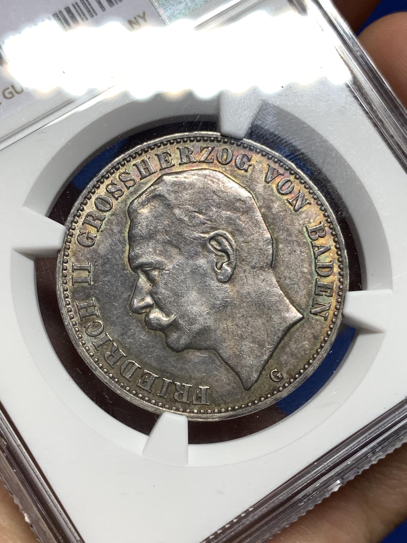 《竞宝斋》第447场 周日，周一，2场连拍 （全场包邮） NGC UNCD 德国1912G巴登弗里德里希二世3马克银币，包浆带彩，少见。