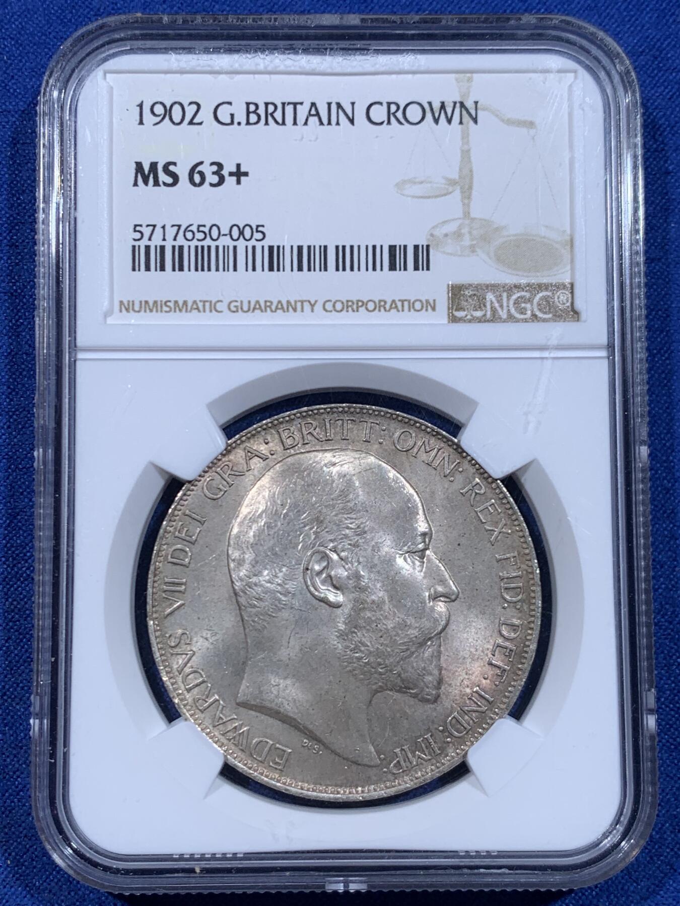 《竞宝斋》第447场 周日，周一，2场连拍 （全场包邮） NGC MS63+ 英国 1902年 爱德华七世 克朗 马剑银币 双面老包浆 打制深俊