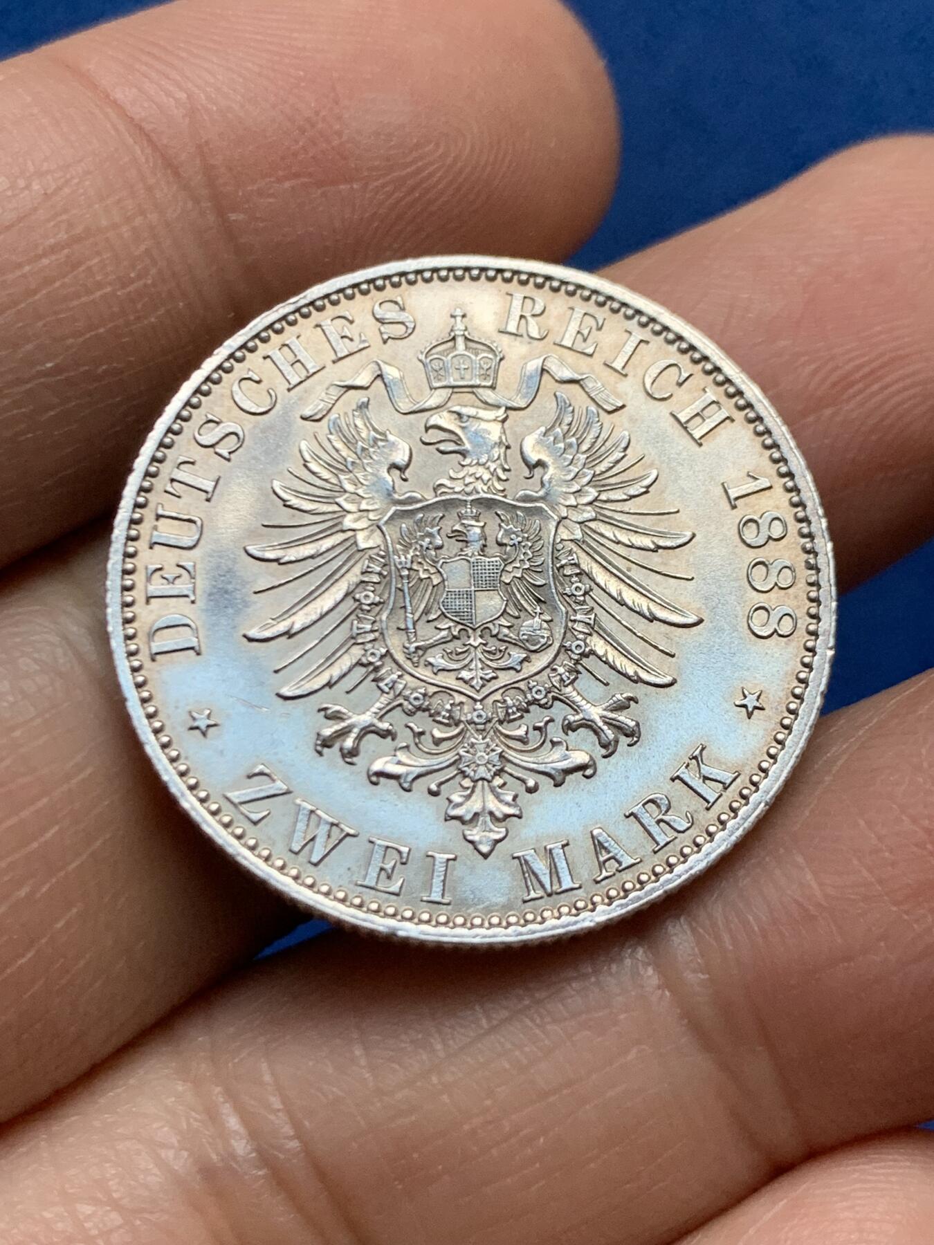 《竞宝斋》第447场 周日，周一，2场连拍 （全场包邮） 德国 普鲁士1888年弗里德里希三世 2马克银币 细节完整 好品