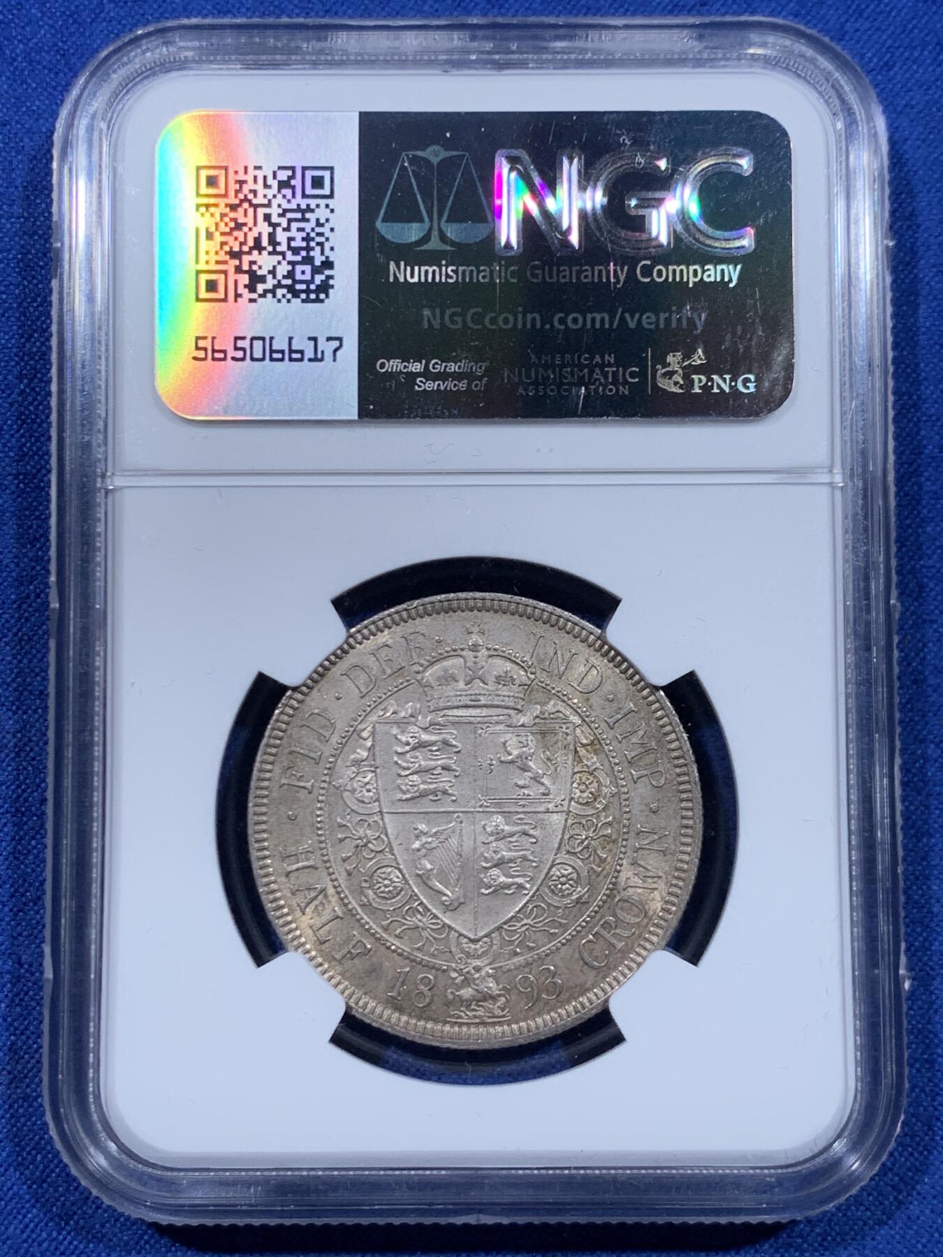 《竞宝斋》第447场 周日，周一，2场连拍 （全场包邮） NGC MS62 英国1893年披纱半克朗银币