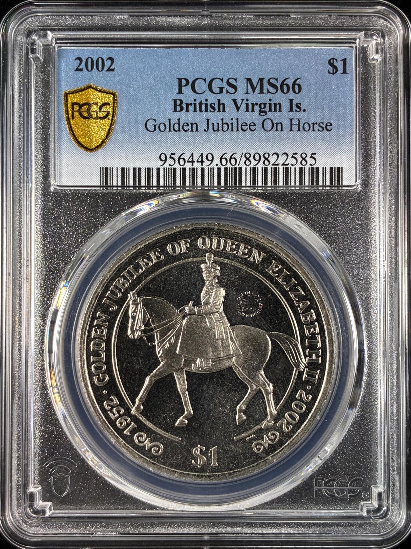【雨安】【直播拍卖】【世界币章121期-评级币】2025-12-20 周六 19:30 保真 [评级现代] British Virgin Island 英属维尔京群岛 1元 2002年 伊丽莎白二世骑马  PCGS-MS66