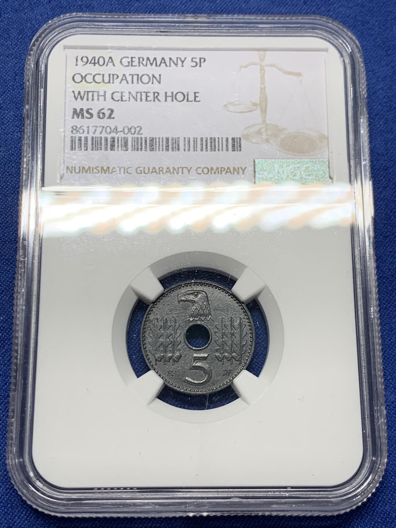《竞宝斋》第447场 周日，周一，2场连拍 （全场包邮） NGC MS62 德国 1940A 占领区 5芬尼 锌币 金属光泽圆润，品相不输63，锌币极难保存，MS少之又少！
