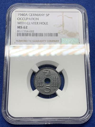 《竞宝斋》第447场 周日，周一，2场连拍 （全场包邮） - NGC MS62 德国 1940A 占领区 5芬尼 锌币 金属光泽圆润，品相不输63，锌币极难保存，MS少之又少！
