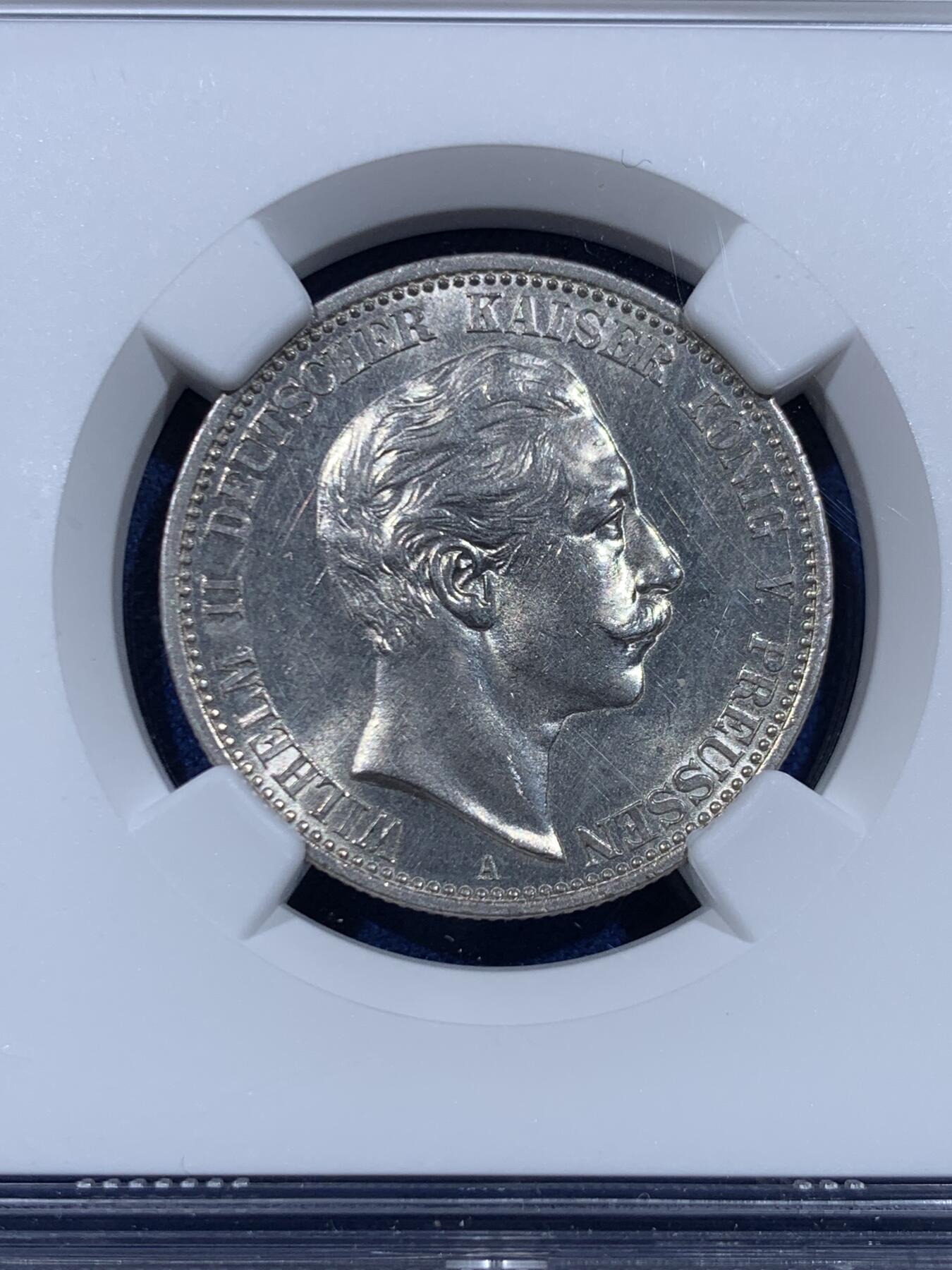 《竞宝斋》第447场 周日，周一，2场连拍 （全场包邮） NGC UNCD 德国 1904年 威廉二世皇帝 2马克 银币