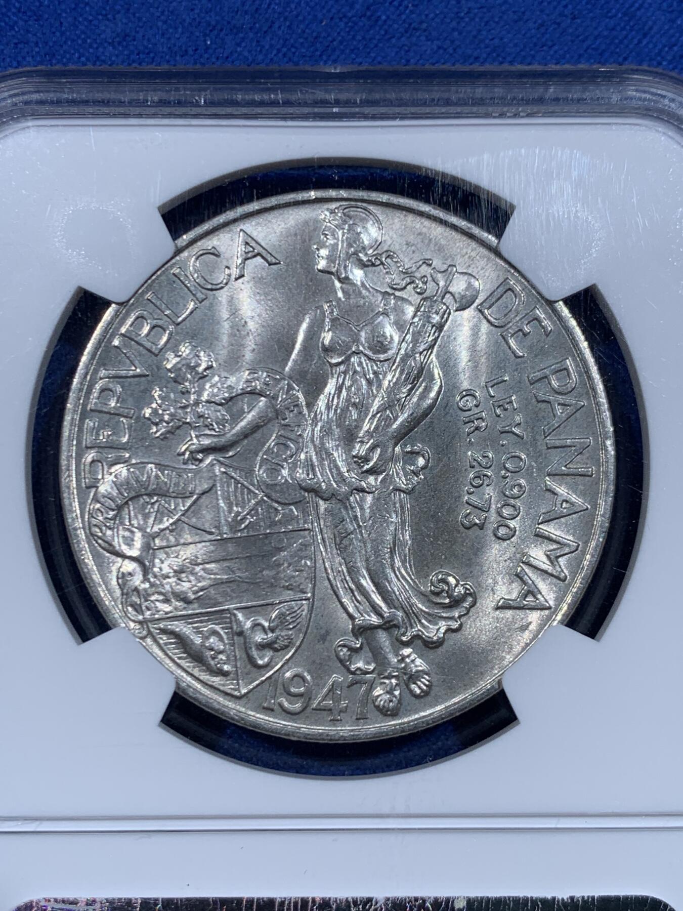 《竞宝斋》第447场 周日，周一，2场连拍 （全场包邮） NGC MS63 巴拿马1947年1巴波亚银币 女神系大银币 原汁原味银霜包浆 状态极佳