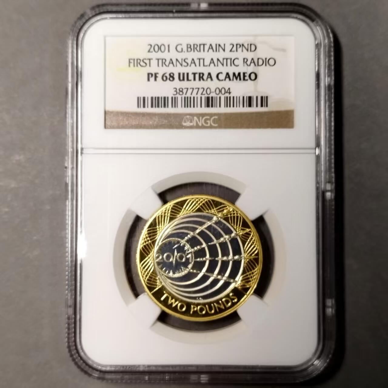 长老汇蛇年精选第八十一场拍卖 英国2001年 首次跨大西洋无线通讯双色精制纪念加厚银币  NGC PF68UC，季军分（并列三枚） 24克，量6759