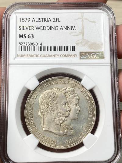 万国钱币拍卖第057期（万国冬季大拍） - NGC MS63 1879年奥地利弗朗茨一世与茜茜公主银婚纪念2福林 高点极佳 粉光淡金彩收藏级