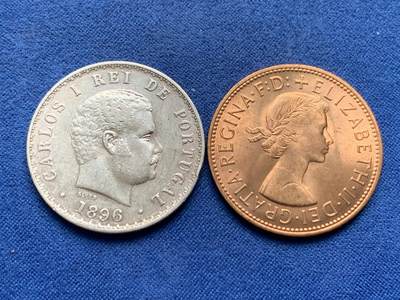 《竞宝斋》第447场 周日，周一，2场连拍 （全场包邮） - 两枚一组 葡萄牙1896年卡洛斯一世500瑞斯银币+英国1967年伊丽莎白女王1便士铜币