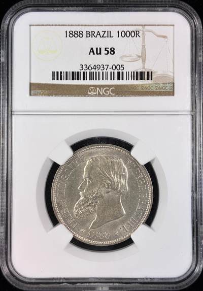 【雨安】【直播拍卖】【世界币章121期-评级币】2025-12-20 周六 19:30 保真 - [评级美洲] Brazil 巴西 1000瑞斯 1888年  NGC-AU58