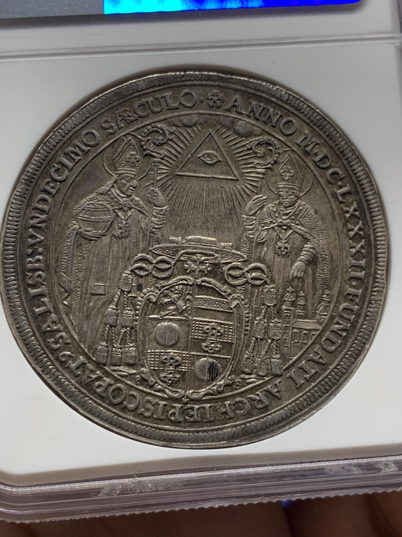 《竞宝斋》第447场 周日，周一，2场连拍 （全场包邮） NGC MS63 奥地利萨尔茨堡 1682年 主教区建立1100年泰勒大银币 光度极好 细节精美 稀少品种 包浆自然 老币最合适的状态