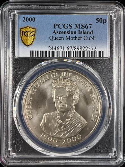 【雨安】【直播拍卖】【世界币章121期-评级币】2025-12-20 周六 19:30 保真 - [评级现代] Ascension Island 阿森松岛 50便士 2000年 女王  PCGS-MS67