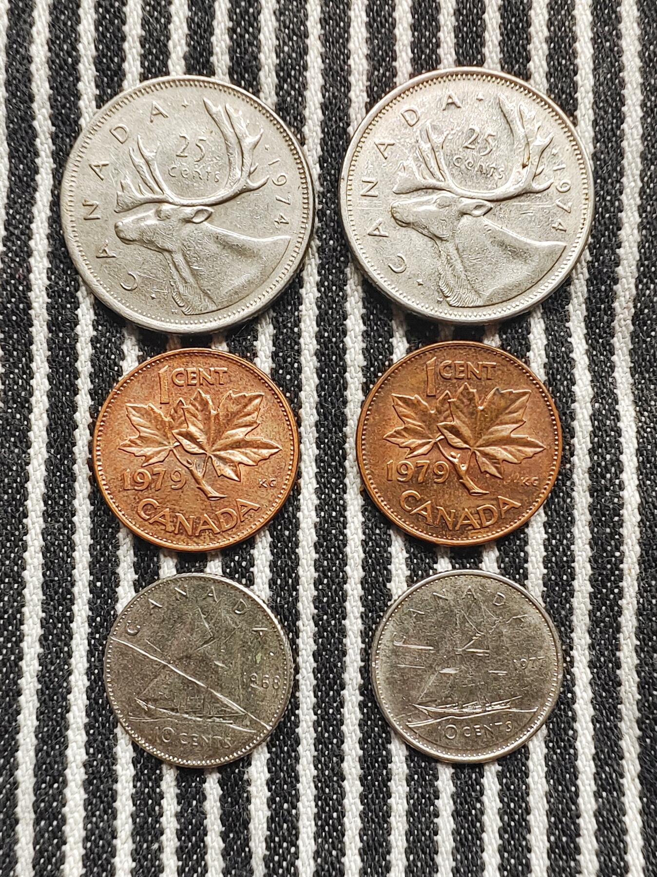 加拿大1分枫叶/10分帆船/25分驯鹿币4枚一组 分币 硬币 铜币 镍币 收藏  组一：1974/1979/1968 组二：1974/1979/1977
