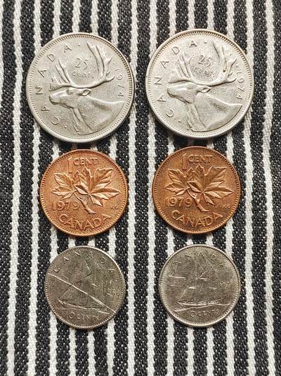 加拿大1分枫叶/10分帆船/25分驯鹿币4枚一组 分币 硬币 铜币 镍币 收藏  组一：1974/1979/1968 组二：1974/1979/1977 - 加拿大1分枫叶/10分帆船/25分驯鹿币4枚一组 分币 硬币 铜币 镍币 收藏  组一：1974/1979/1968 组二：1974/1979/1977
