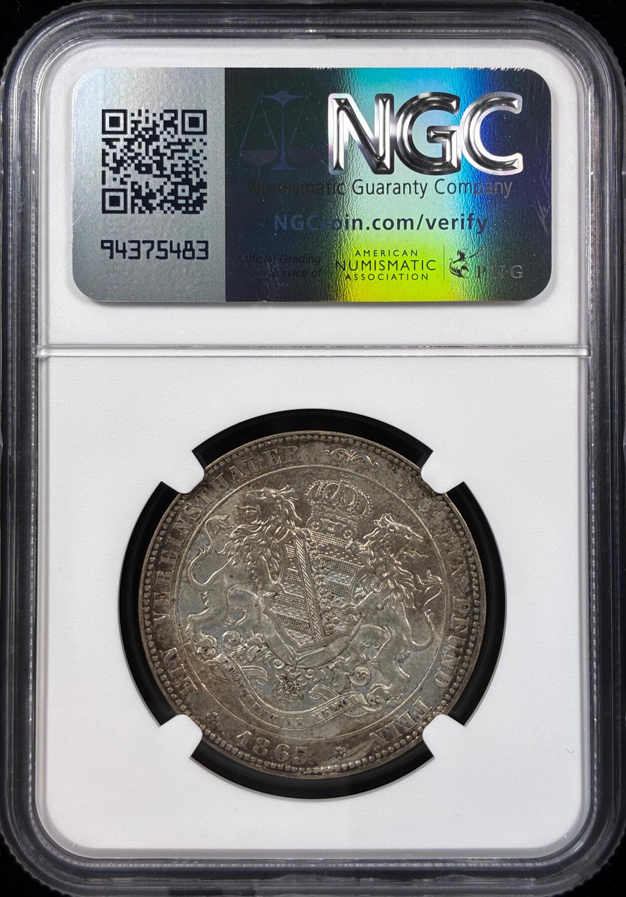 【雨安】【直播拍卖】【世界币章121期-评级币】2025-12-20 周六 19:30 保真 [评级德国] Germany 德国 德意志 1泰勒 Saxony萨克森 Thun.348 KM#1214 (1861-1871) 双狮.内圈 1865年  NGC-AU58