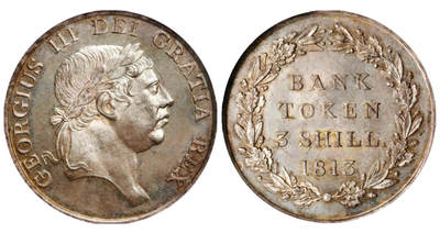 《竞宝斋》第447场 周日，周一，2场连拍 （全场包邮） - NGC MS64 英国1813年乔治三世-英格兰银行3先令银币 非常少见的品种 能到64分不容易 亚军分