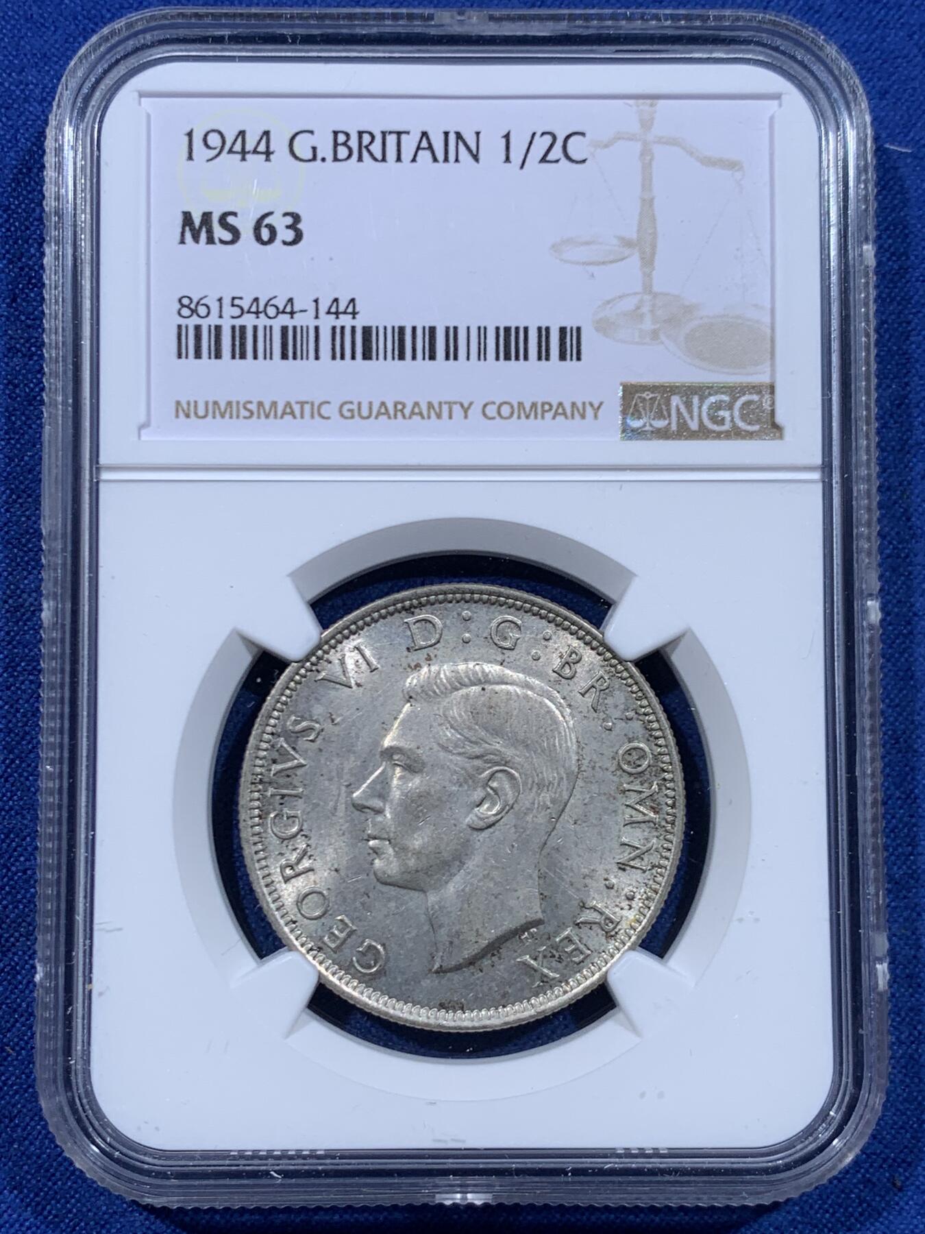 《竞宝斋》第447场 周日，周一，2场连拍 （全场包邮） NGC MS63 英国1944乔治六世半克朗银币，转光流利品相好，不容错过的状态