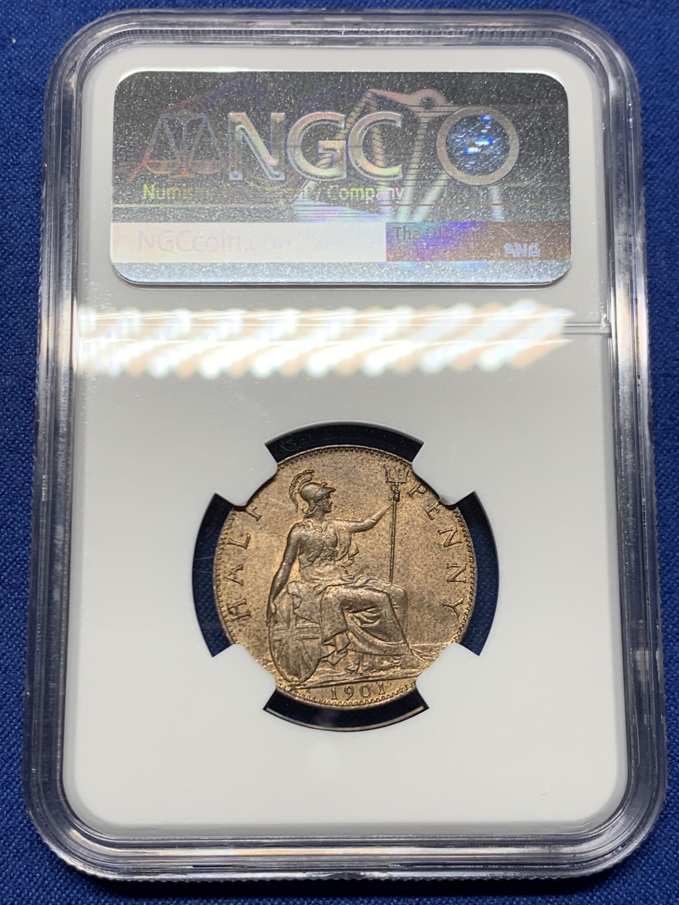 《竞宝斋》第447场 周日，周一，2场连拍 （全场包邮） NGC MS63RB 英国1901年1/2便士铜币，维多利亚披纱头像，铜光不错