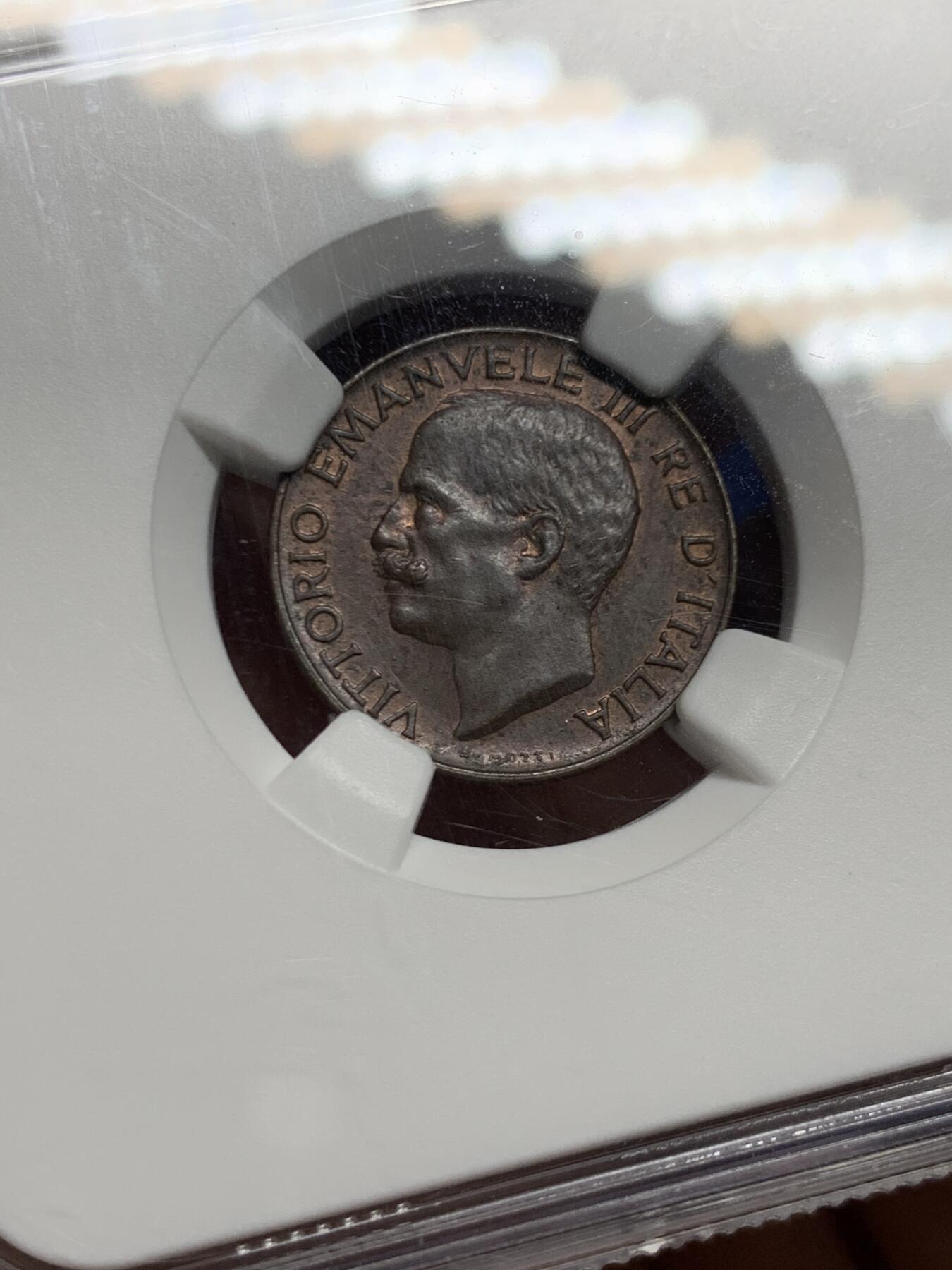 《竞宝斋》第447场 周日，周一，2场连拍 （全场包邮） NGC MS63BN 意大利1922年麦穗五分铜币，意大利经典品种，巧克力包浆十分好看