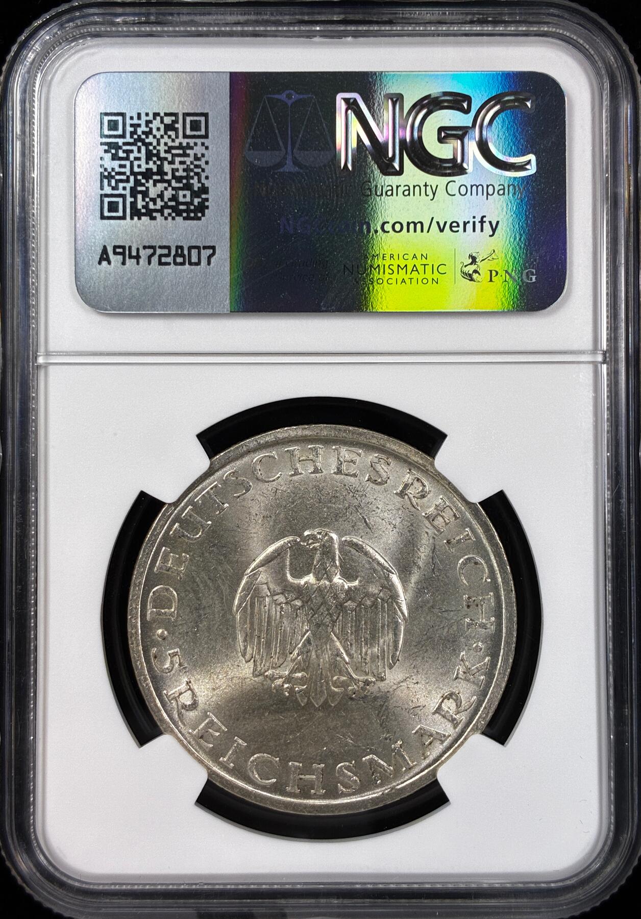 【雨安】【直播拍卖】【世界币章121期-评级币】2025-12-20 周六 19:30 保真 [评级德国] Germany 德国 魏玛 5马克 KM#61 莱辛 1929年  NGC-MS62