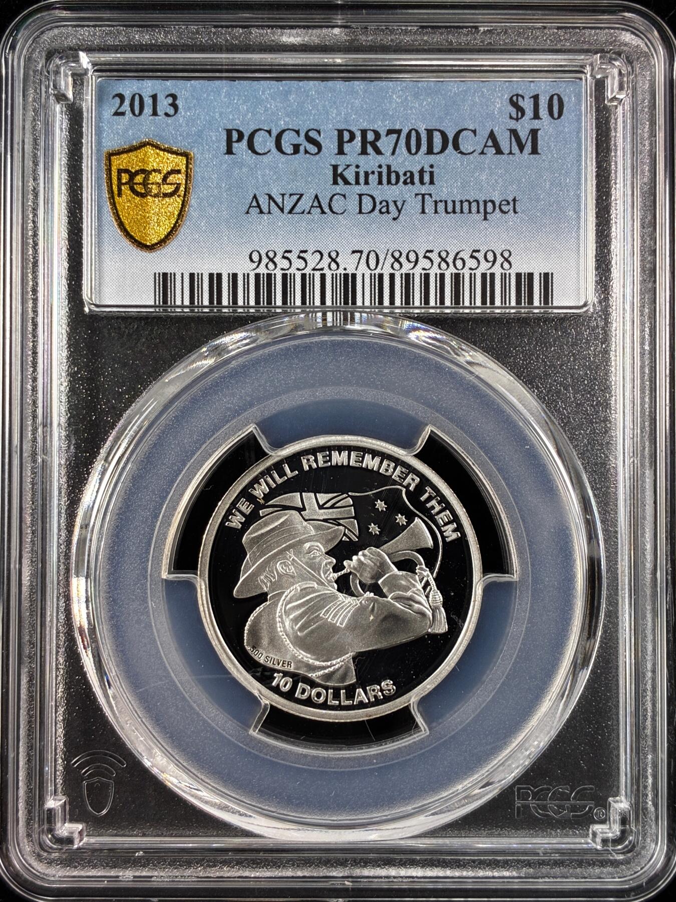 【雨安】【直播拍卖】【世界币章121期-评级币】2025-12-20 周六 19:30 保真 [评级现代] Kiribati 基里巴斯 10元 2013年 澳新军团日 PCGS-PR70DCAM 精制