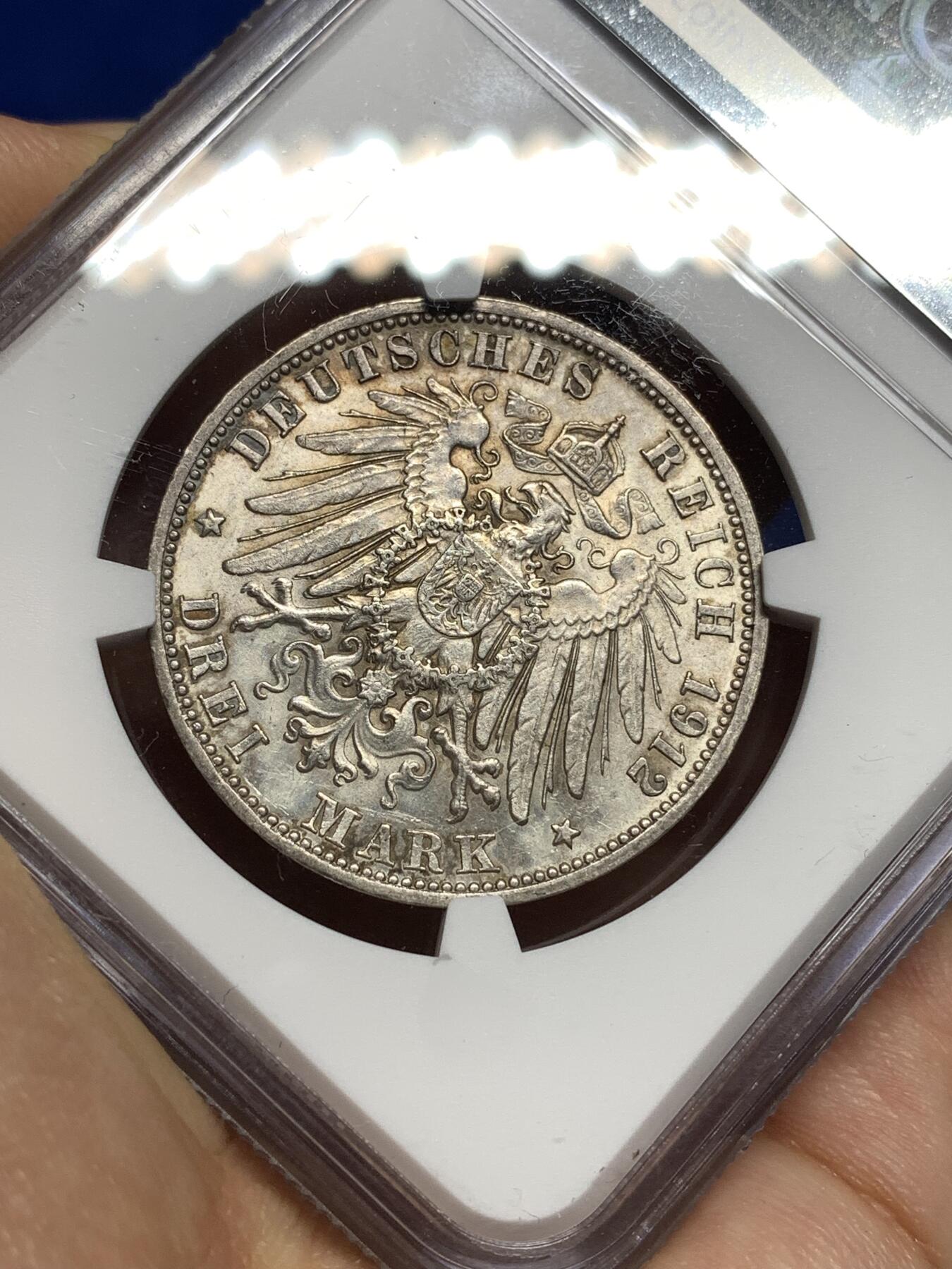 《竞宝斋》第447场 周日，周一，2场连拍 （全场包邮） NGC UNCD 德国1912G巴登弗里德里希二世3马克银币，包浆带彩，少见。