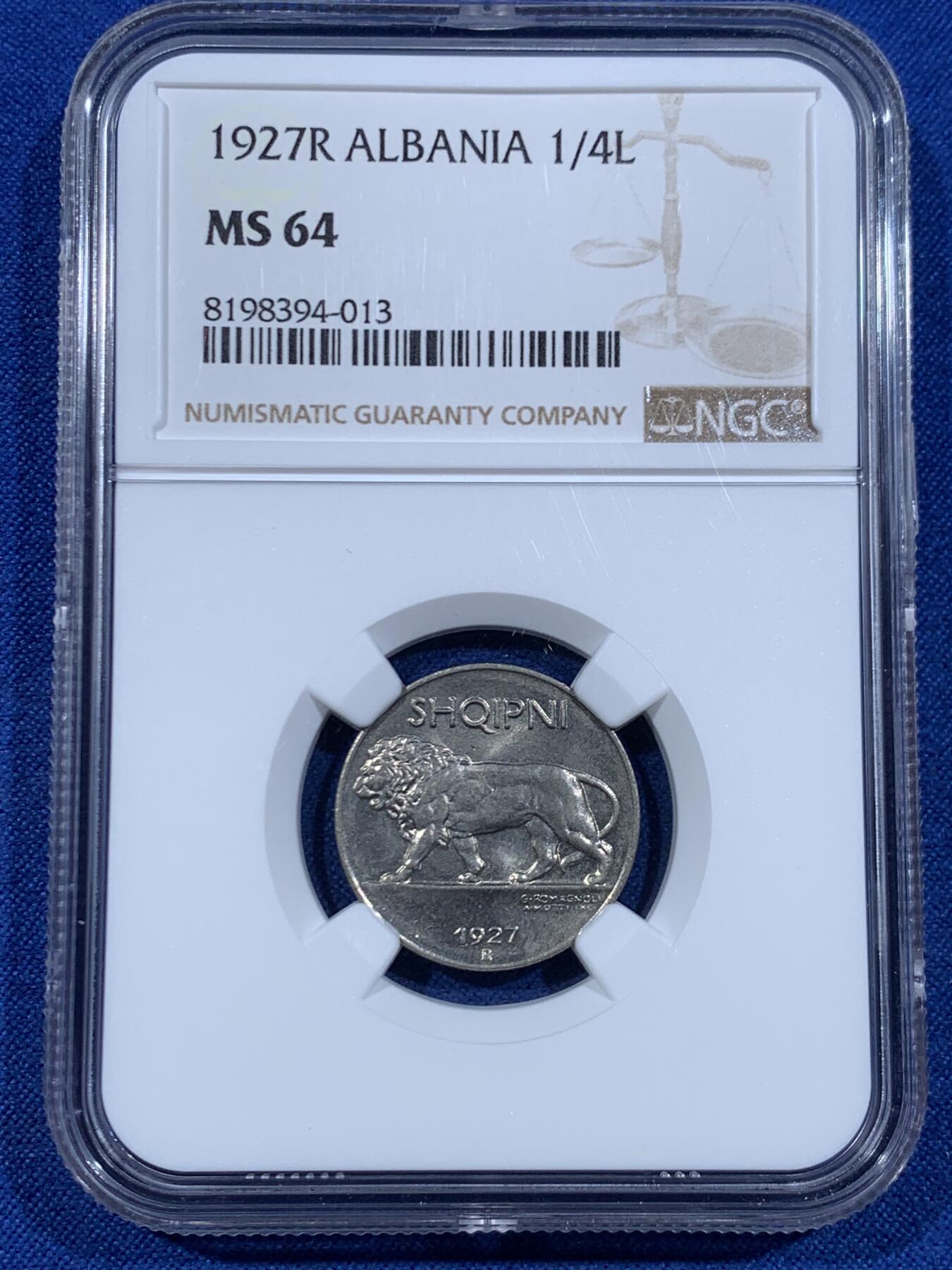 《竞宝斋》第447场 周日，周一，2场连拍 （全场包邮） NGC MS64 阿尔巴尼亚 1927年 1/4列克 辅币这个状态不易