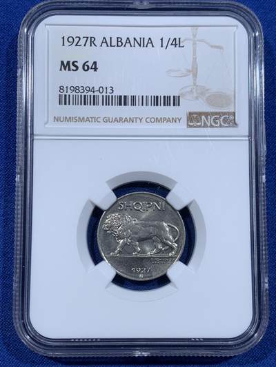 《竞宝斋》第447场 周日，周一，2场连拍 （全场包邮） - NGC MS64 阿尔巴尼亚 1927年 1/4列克 辅币这个状态不易